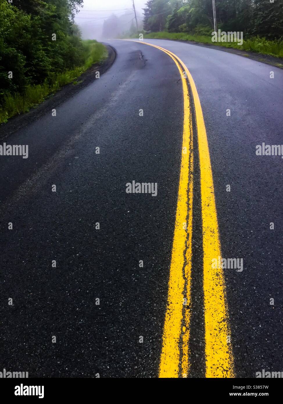 Route qui disparaît dans la brume, Canada. Concepts : vers, horizon perdu, lignes solides, non linéaire, bendy, ajusté aux courbes, pas droit. Où aller ? Jaune double. L'infini. D'ici jusqu'à. .. - Image de stock capturée avec un smartphone