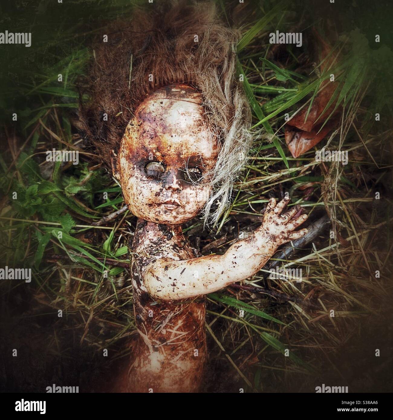 Photographie d’une poupée d’enfant créepy jetée dans une longue herbe. Banque D'Images
