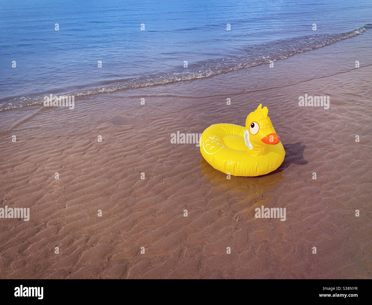 Anneau en caoutchouc de canard en caoutchouc jaune gonflable pour enfant lavé une plage au bord de la mer - Image de stock capturée avec un smartphone