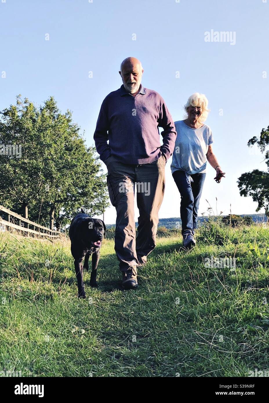 Un couple à la retraite parlant son chien pour une promenade dans la campagne, Angleterre, Royaume-Uni. - Image de stock capturée avec un smartphone