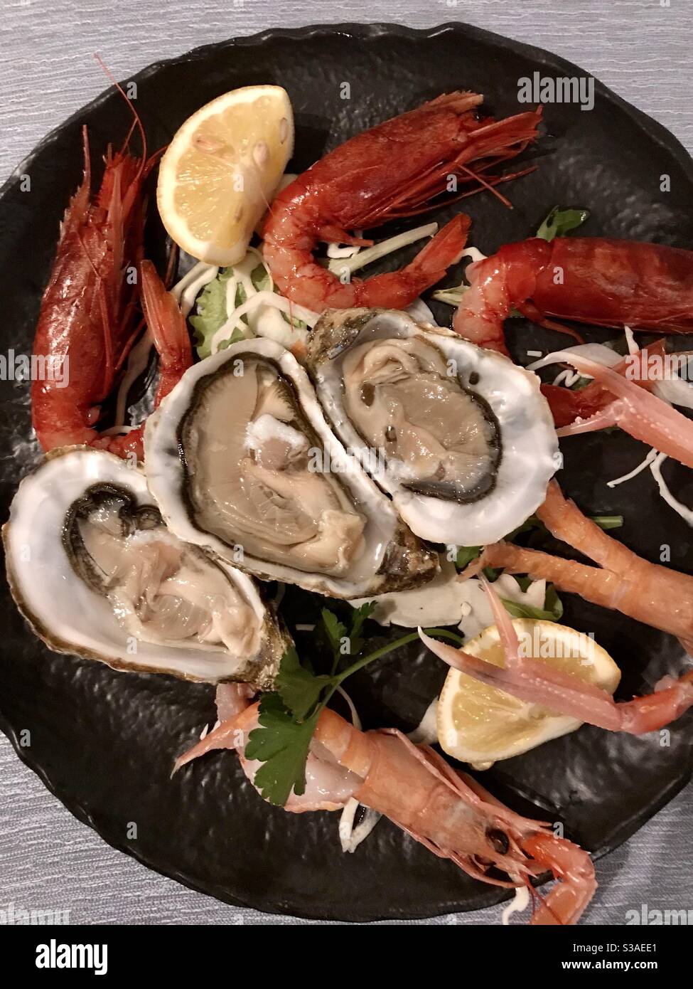 Vue panoramique d'un plat noir avec crustacés frais et fruits de mer : huîtres, crevettes rouges et crevettes, Italie Banque D'Images