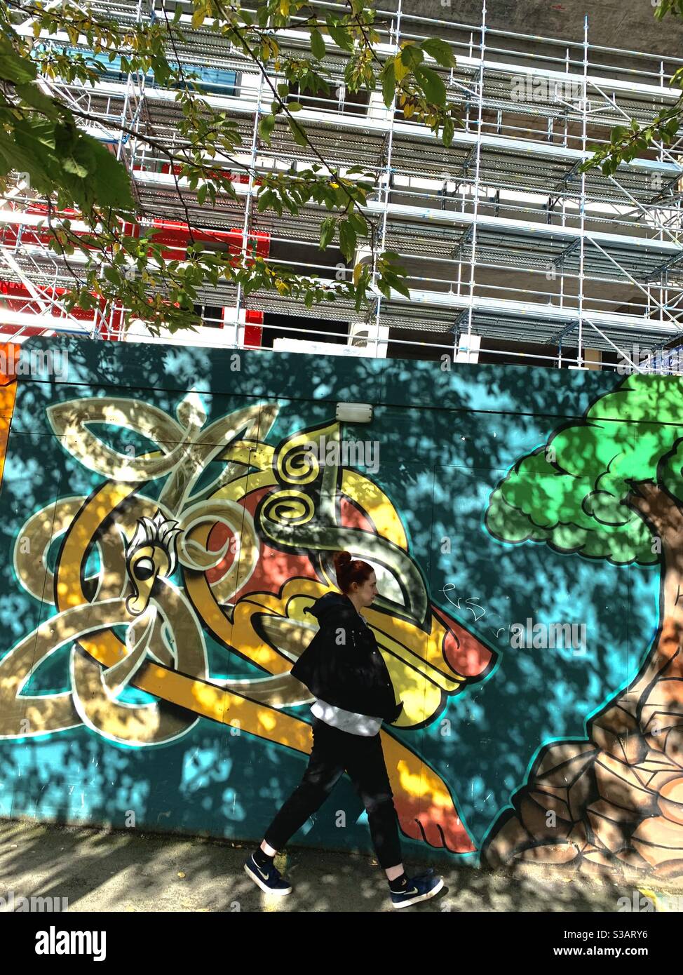 Une femme passe devant une fresque d’une illustration celtique de la tête d’un chien du Livre de Kells sur le site de construction du nouvel hôpital national pour enfants de Dublin en Irlande. Banque D'Images