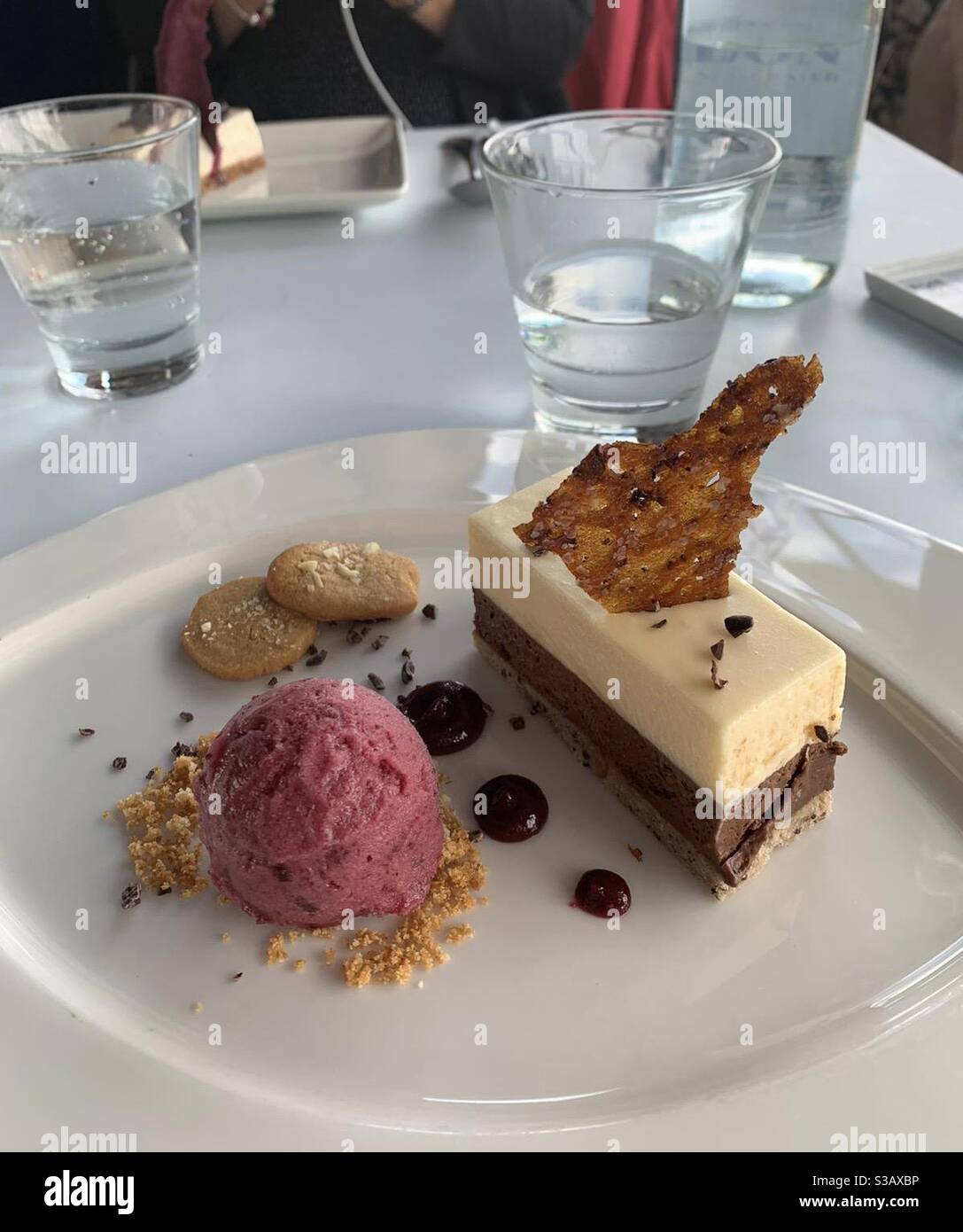 Mousse au chocolat en couches, cerises fraîches, biscuit au beurre d'arachide, sorbet aux fruits - Image de stock capturée avec un smartphone