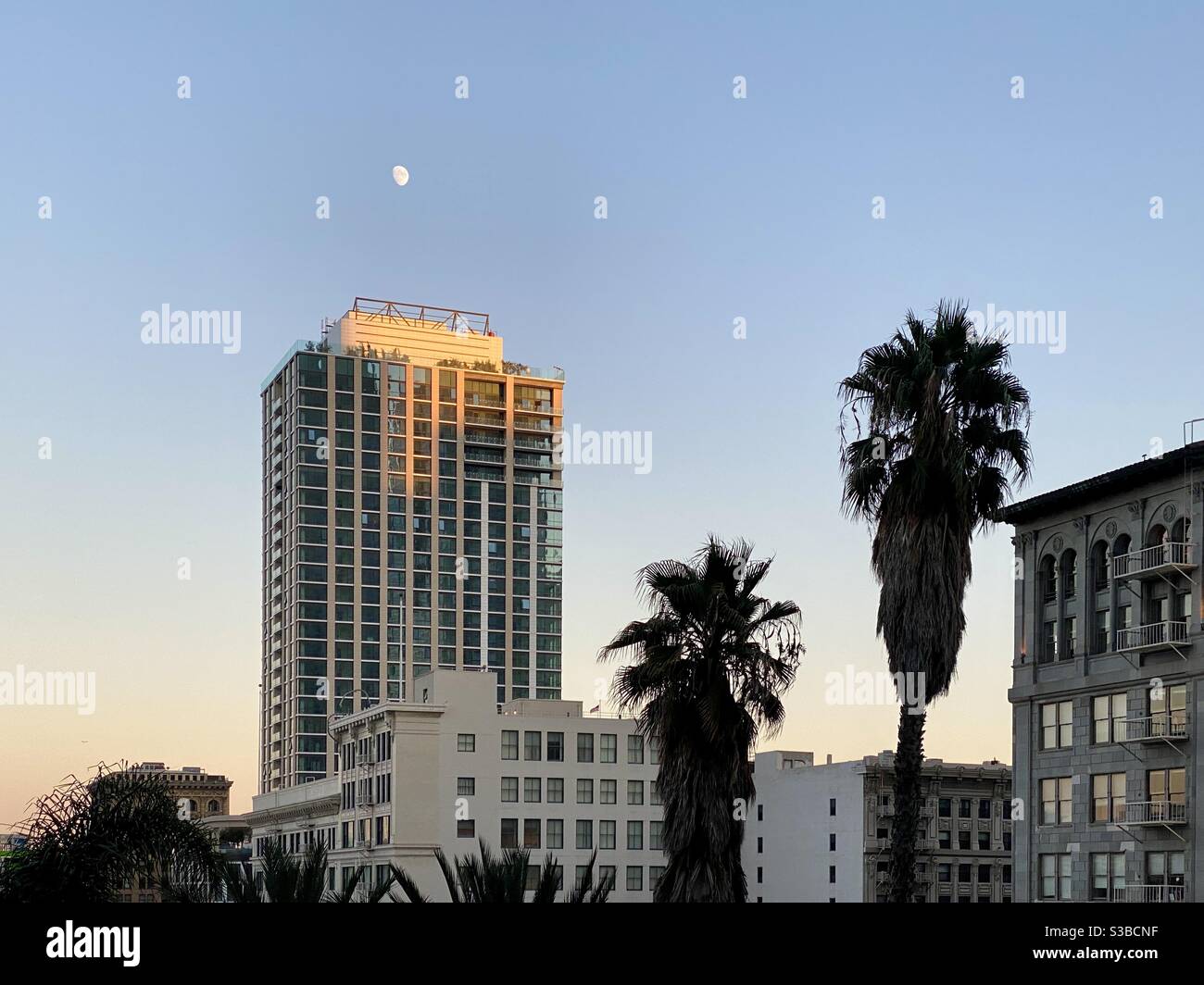 LOS ANGELES, CA, AOÛT 2020 : le coucher du soleil d'or se reflète sur un immeuble Perla nouvellement construit dans le centre-ville, avec la lune dans le ciel de jour au-dessus, les bureaux et les appartements plus anciens en premier plan Banque D'Images LOS ANGELES, CA, AOÛT 2020 : le coucher du soleil d'or se reflète sur un immeuble Perla nouvellement construit dans le centre-ville, avec la lune dans le ciel de jour au-dessus, les bureaux et les appartements plus anciens en premier plan Banque D'Images
