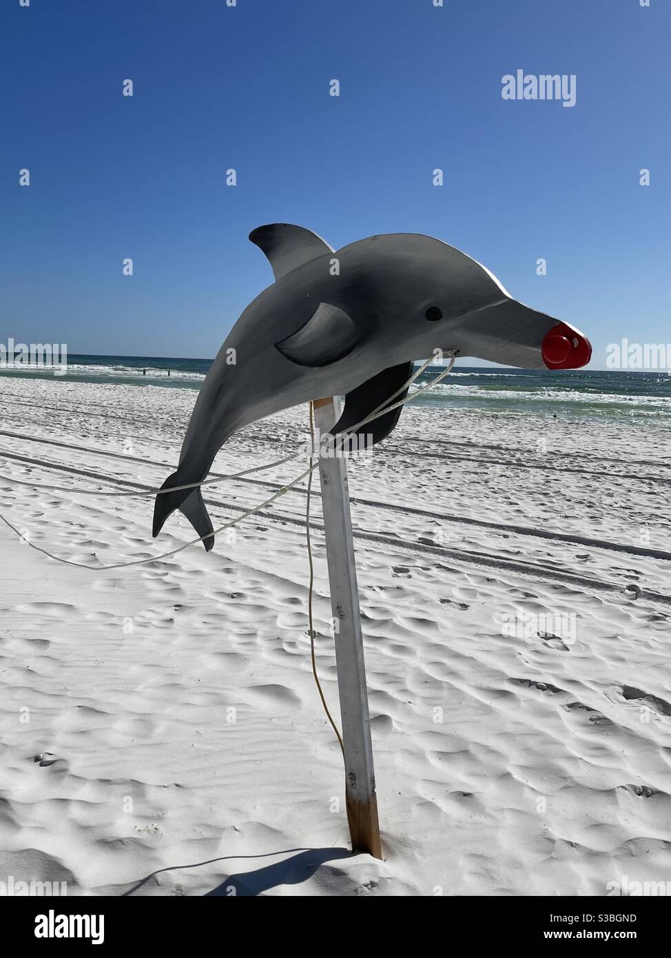 Décorations de Noël sur plage de sable blanc d'un dauphin avec un nez rouge Banque D'Images