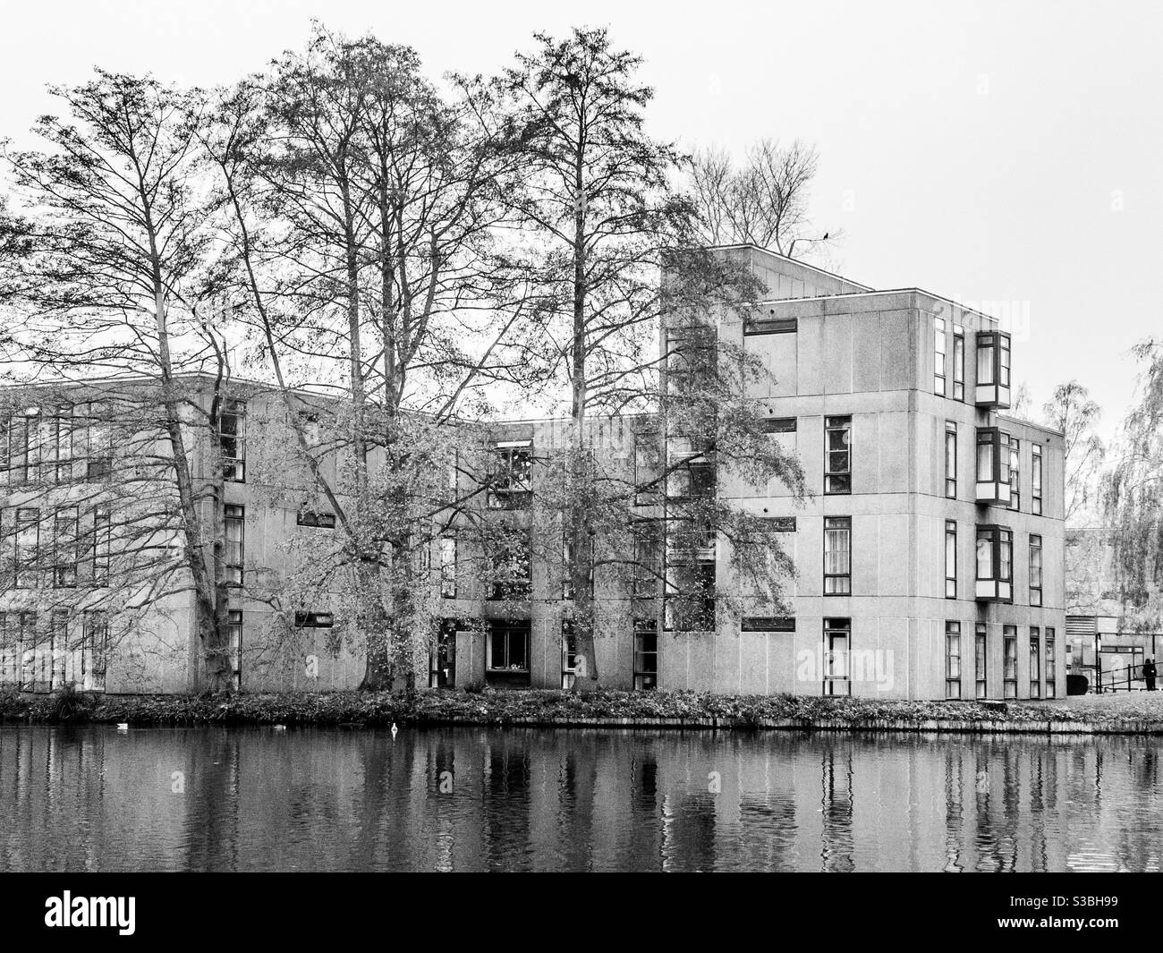 Bâtiments de style rétro et lac à l'Université York, Royaume-Uni Banque D'Images