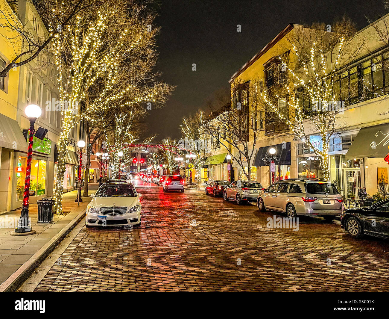 Marion Street, centre-ville d'Oak Park, Illinois. Lumières de Noël. Banque D'Images