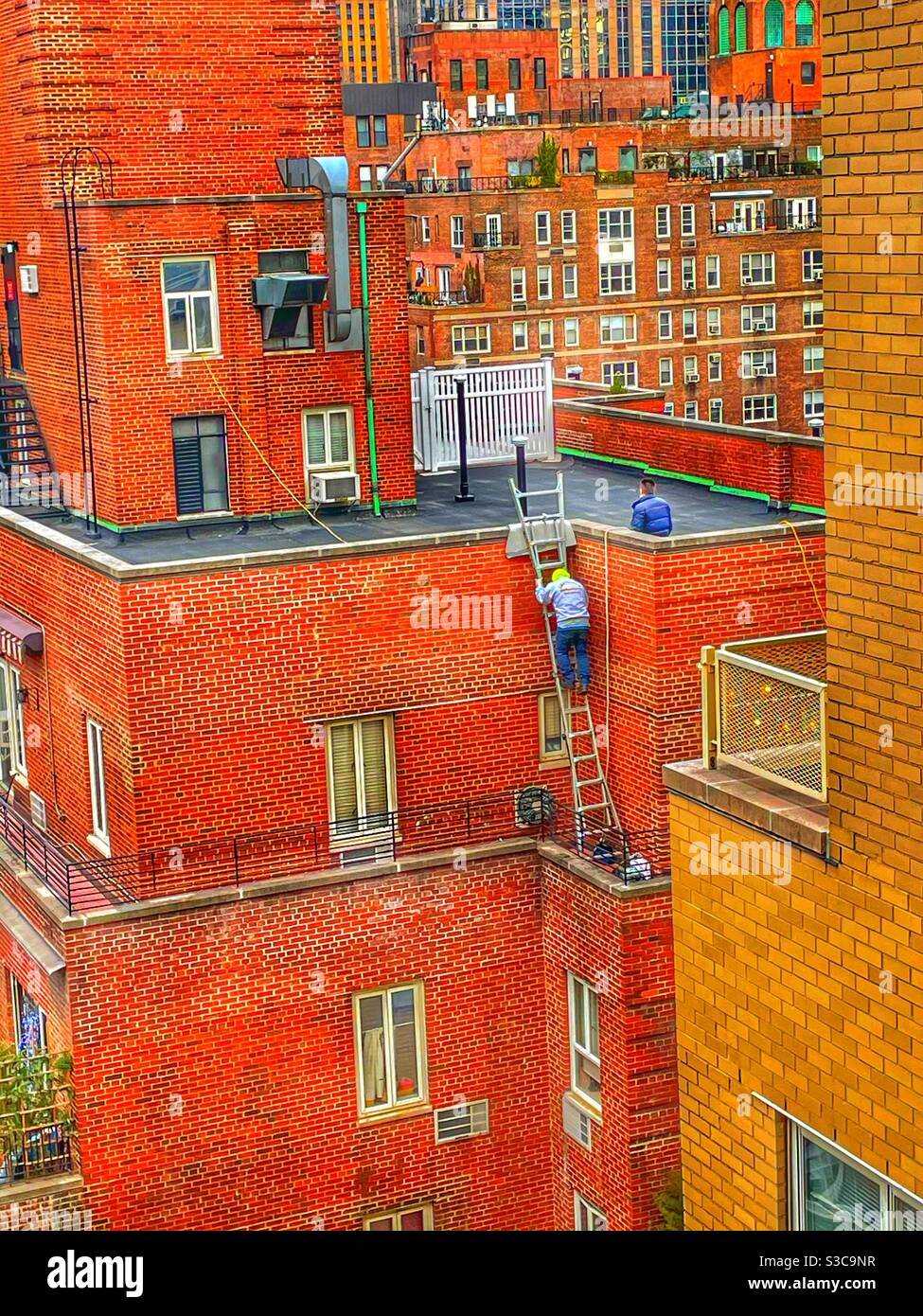 Les travailleurs de la ville de New York n'ont pas peur! Cet employé monte une échelle sur un bord mince de 18 étages haut au 36 East 36th Street entre Park Avenue et Madison Avenue, Murray Hill, Manhattan, New York, États-Unis. - Image de stock capturée avec un smartphone