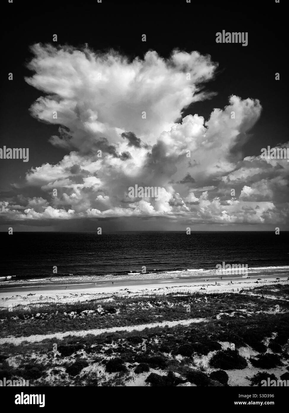 Cumulonimbus orage nuages s'construisant au-dessus de l'océan sur l'île Amelia en Floride. Photo convertie en noir et blanc. - Image de stock capturée avec un smartphone