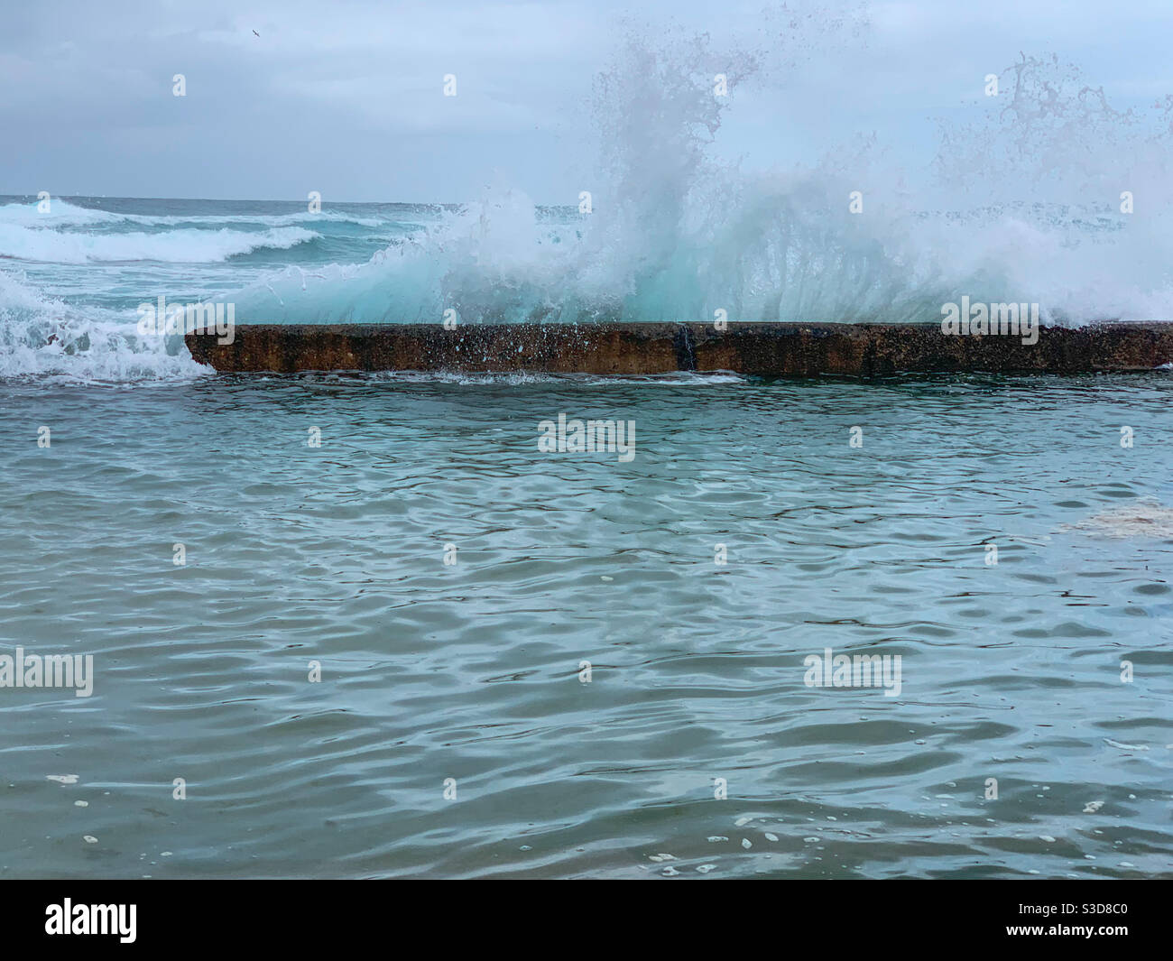 Une vague s'écrasant au bord d'une piscine de roche par un jour pluvieux, été, Australie Banque D'Images