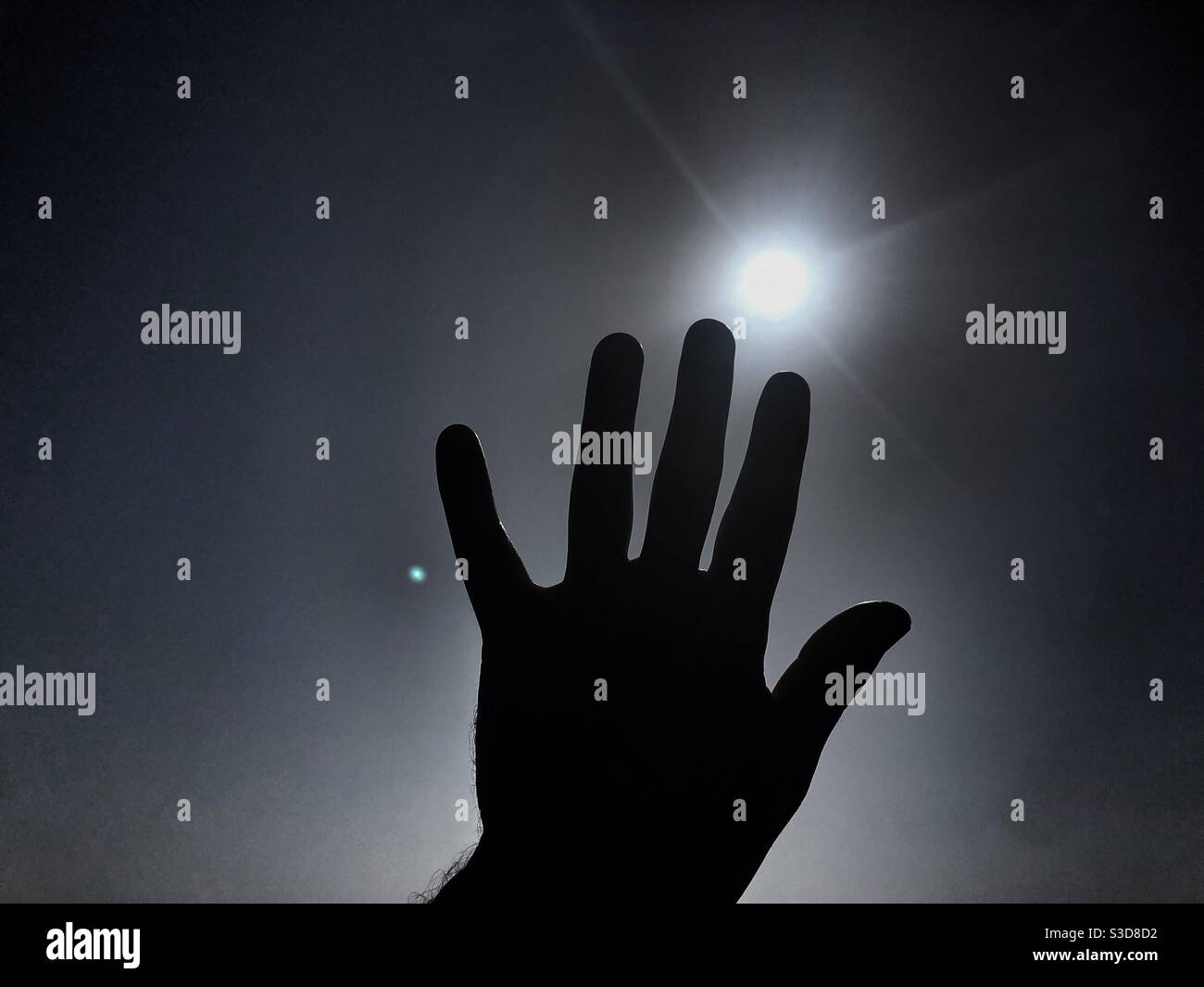 Silhouette de main contre la lumière du soleil Banque D'Images