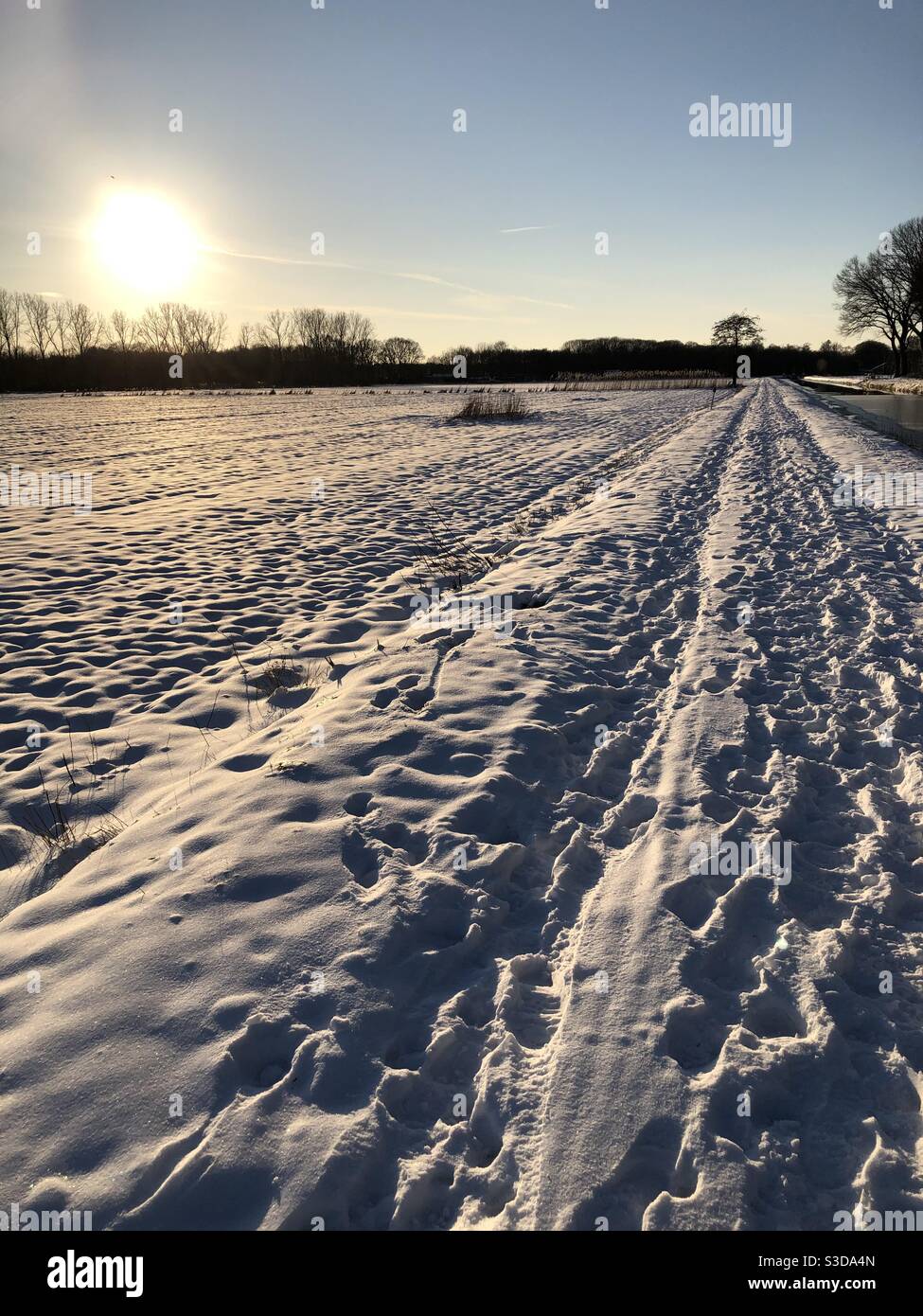 Coucher de soleil d'hiver sur un champ enneigé et un canal dans le Pays-Bas Banque D'Images