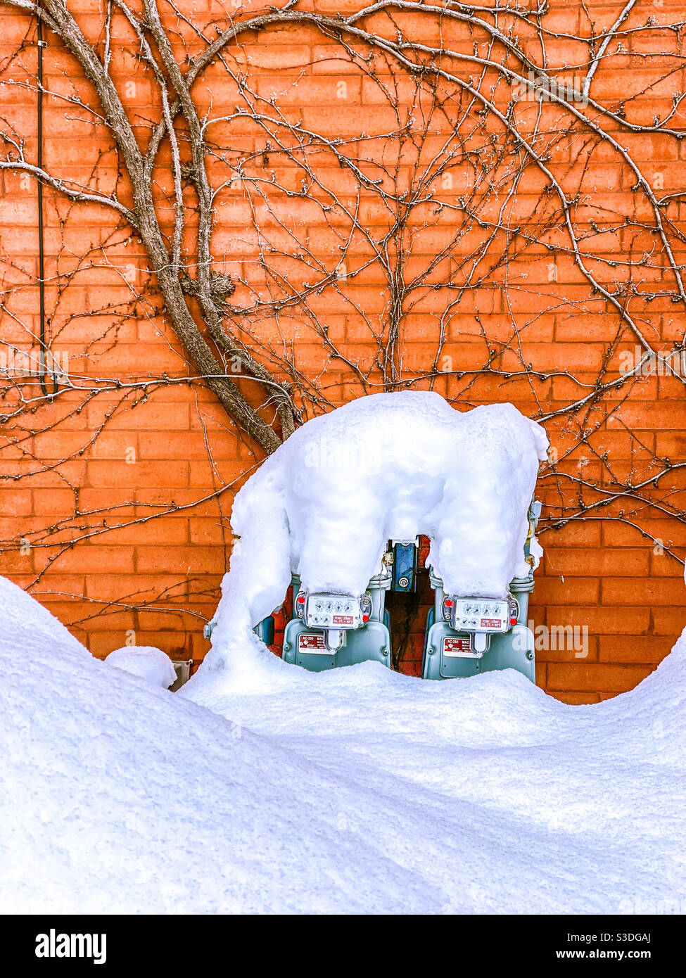 Compteurs de gaz naturel couverts de neige et mur de briques à gorge de vigne. Banque D'Images