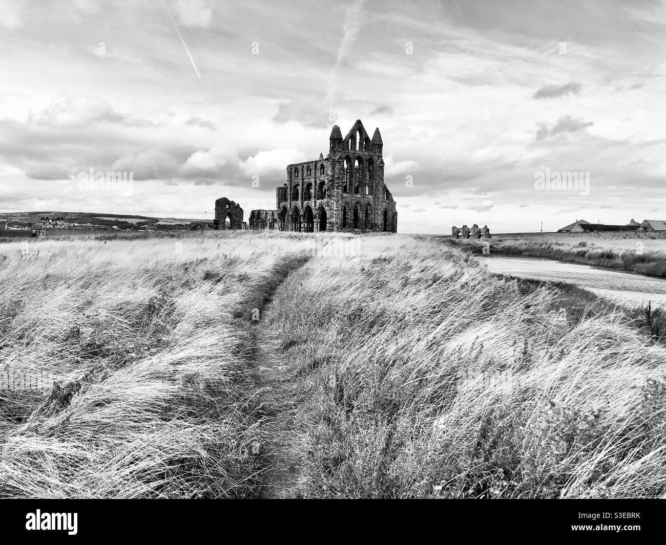 Paysage de roman gothique : les ruines de l'abbaye de Whitby, cadre de Dracula par Bram Stoker Banque D'Images