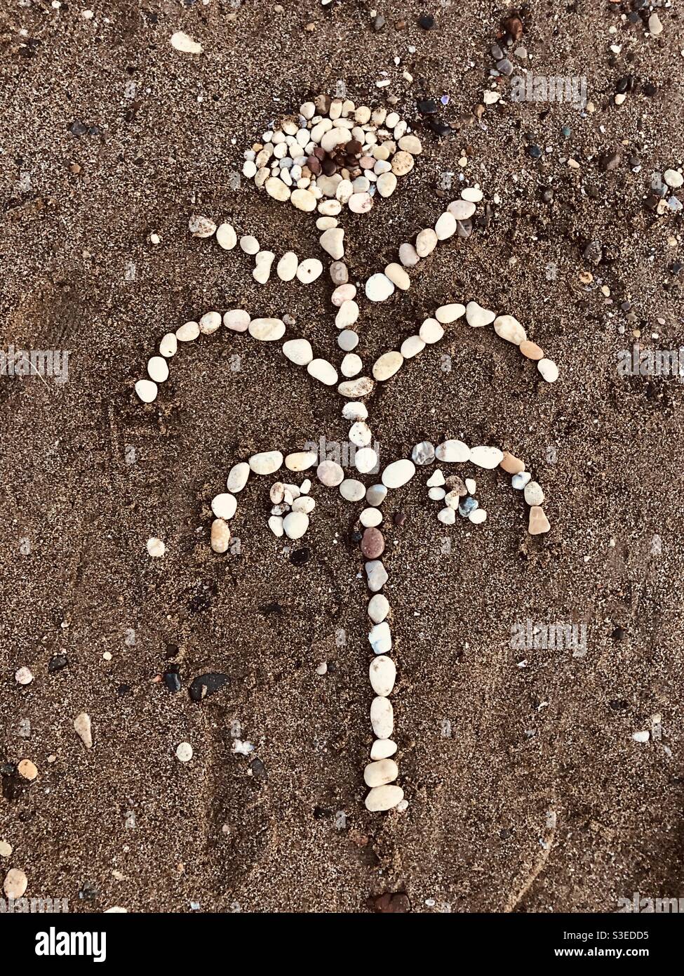 Forme florale faite de galets sur une plage de sable - Image de stock capturée avec un smartphone