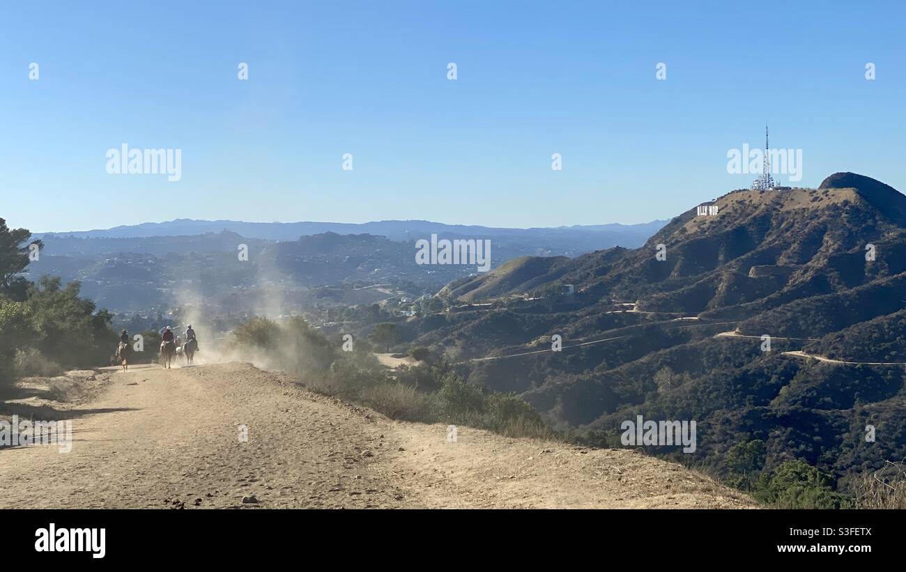 Des cavaliers se dépoussiérant sur la piste à travers Griffith Park Avec le panneau Hollywood visible sur la droite - Image de stock capturée avec un smartphone