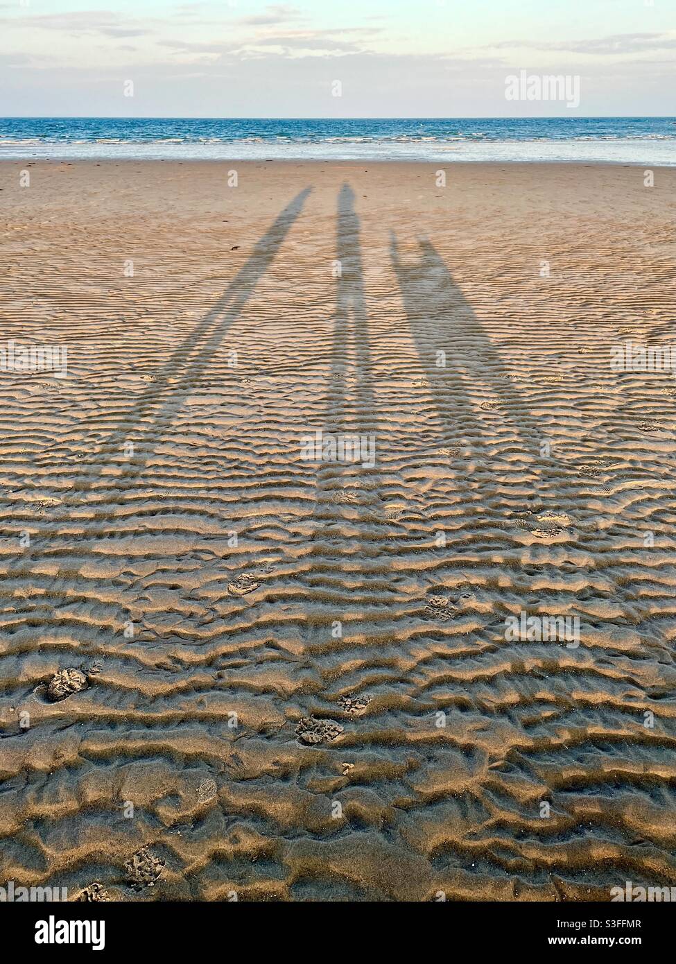 De longues ombres sur la plage de sable ondulée Banque D'Images