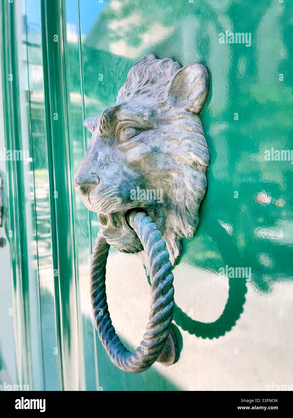Porte-perroquet en forme de Lionshead sur une porte verte aux couleurs vives et polie dans le quartier historique de Murray Hill, New York City, Etats-Unis - Image de stock capturée avec un smartphone