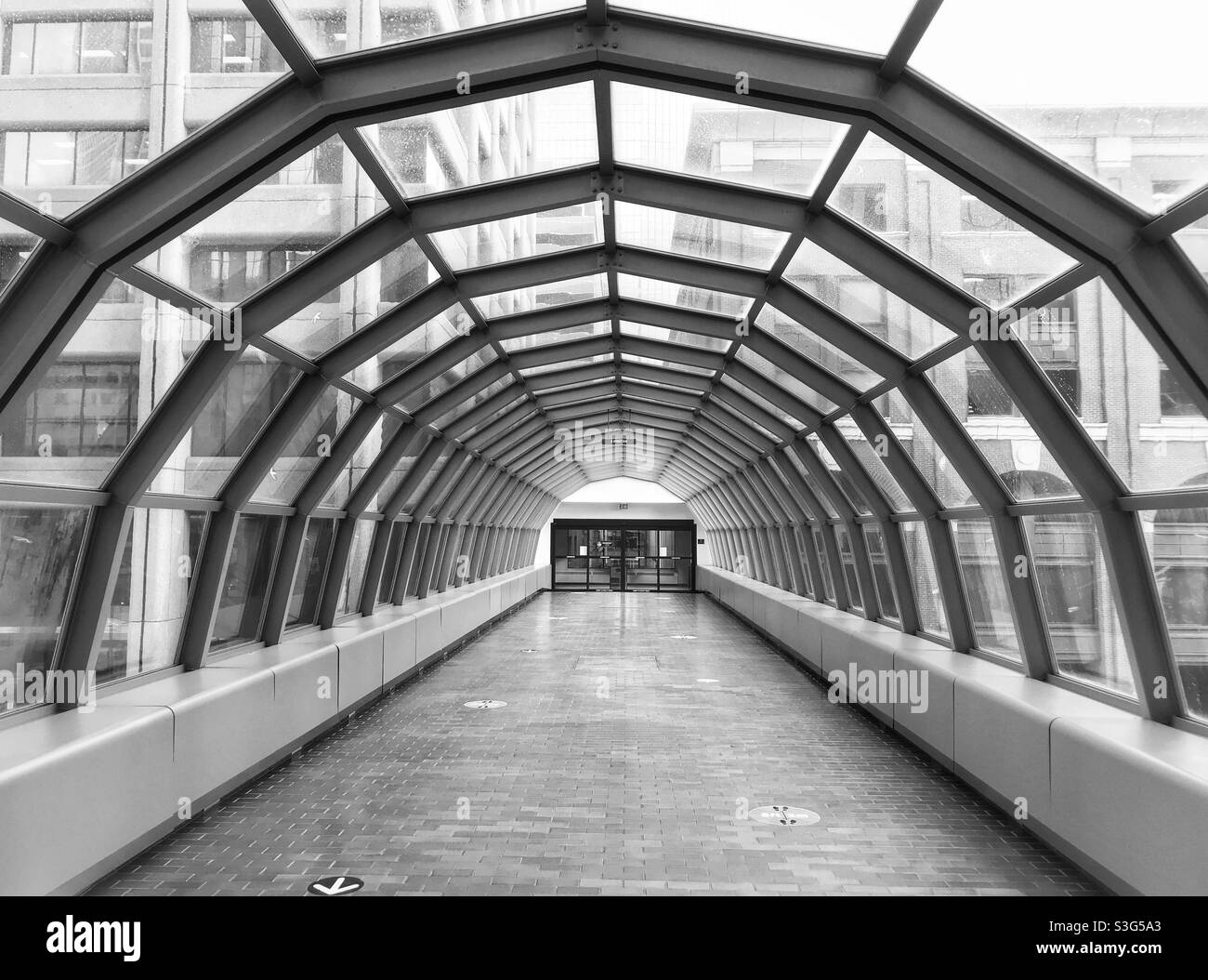 Le système de passerelle Plus15 dans le centre-ville de Calgary, Alberta, Canada, comme un tunnel traversant une toile d'araignée entre les édifices du centre-ville de la ville. Banque D'Images