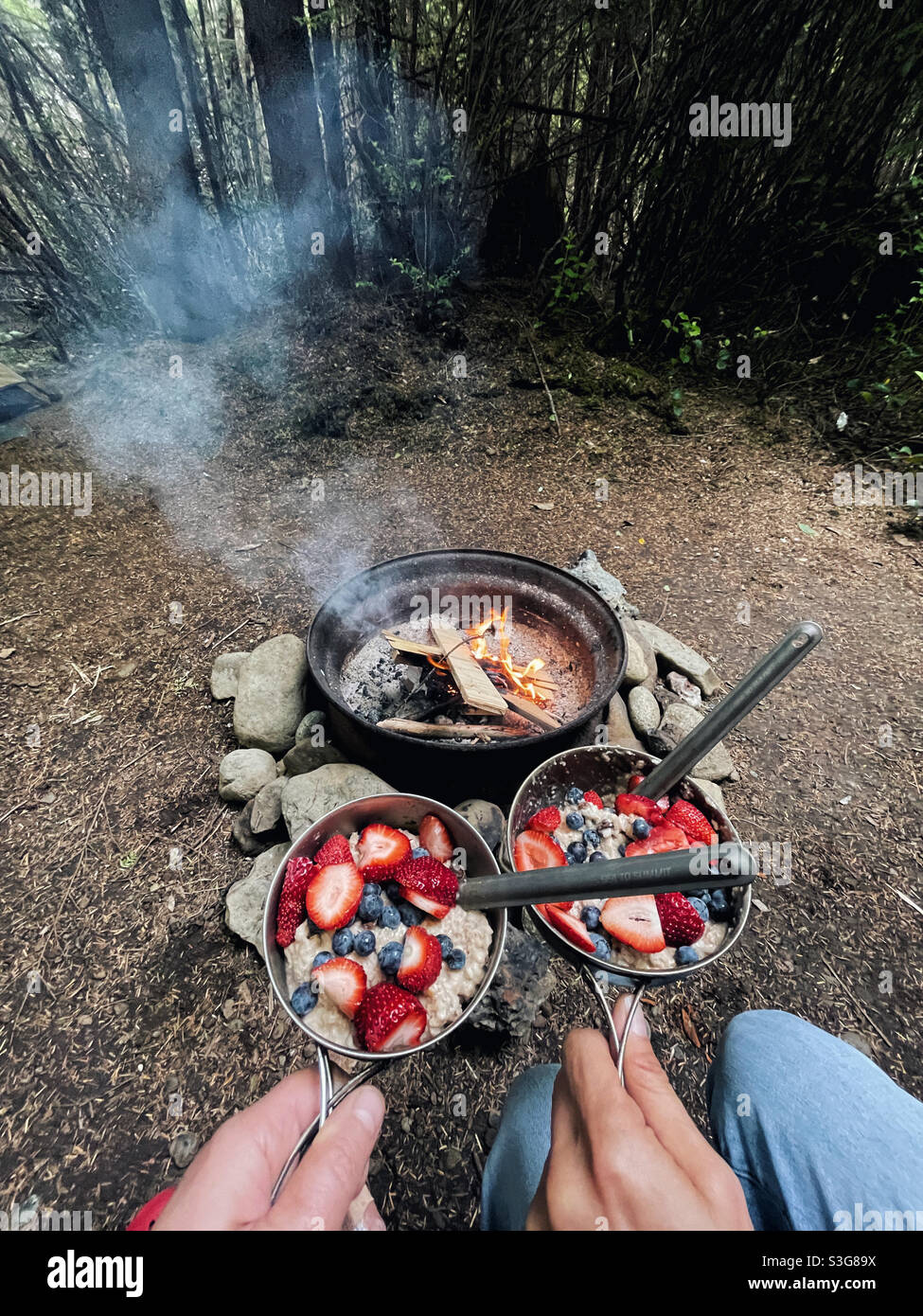 Petit déjeuner dans le camping forestier, Parc National Olympique Banque D'Images