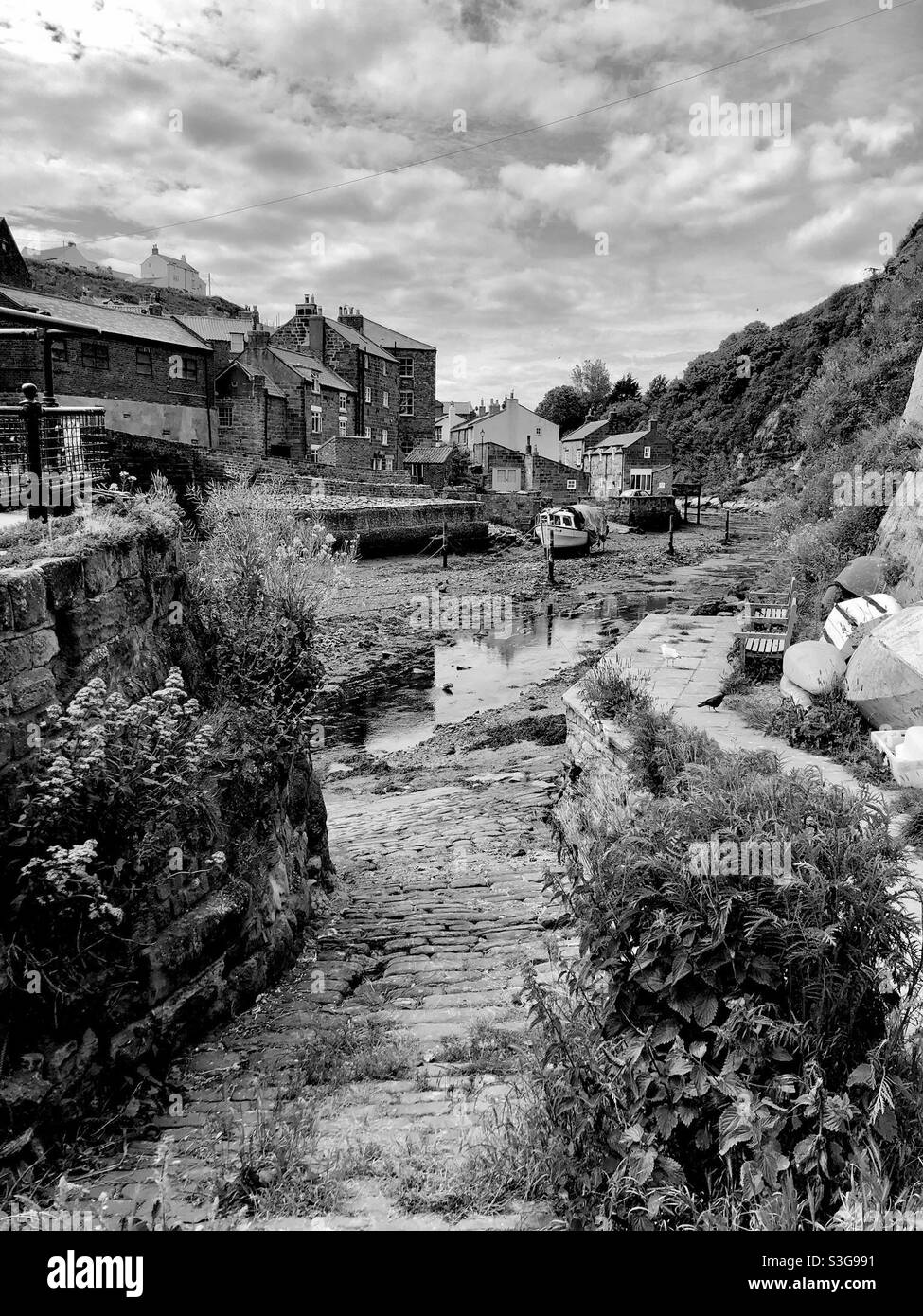 Image en noir et blanc de Staithes Beck à marée basse Banque D'Images