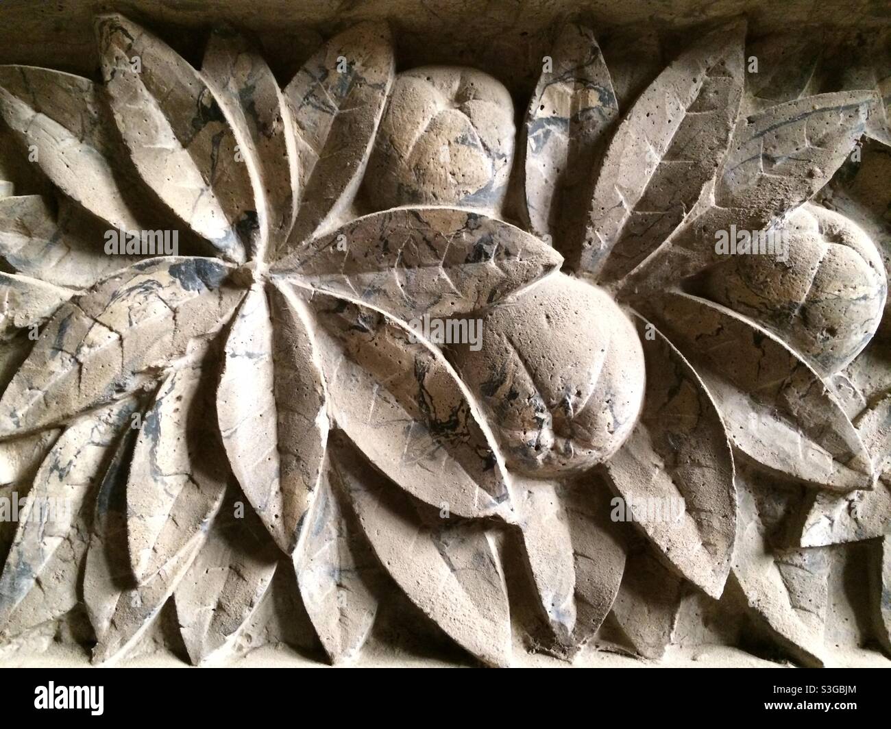 Feuilles et oranges sculptées en pierre dans un palais abandonné, le Caire, Égypte Banque D'Images