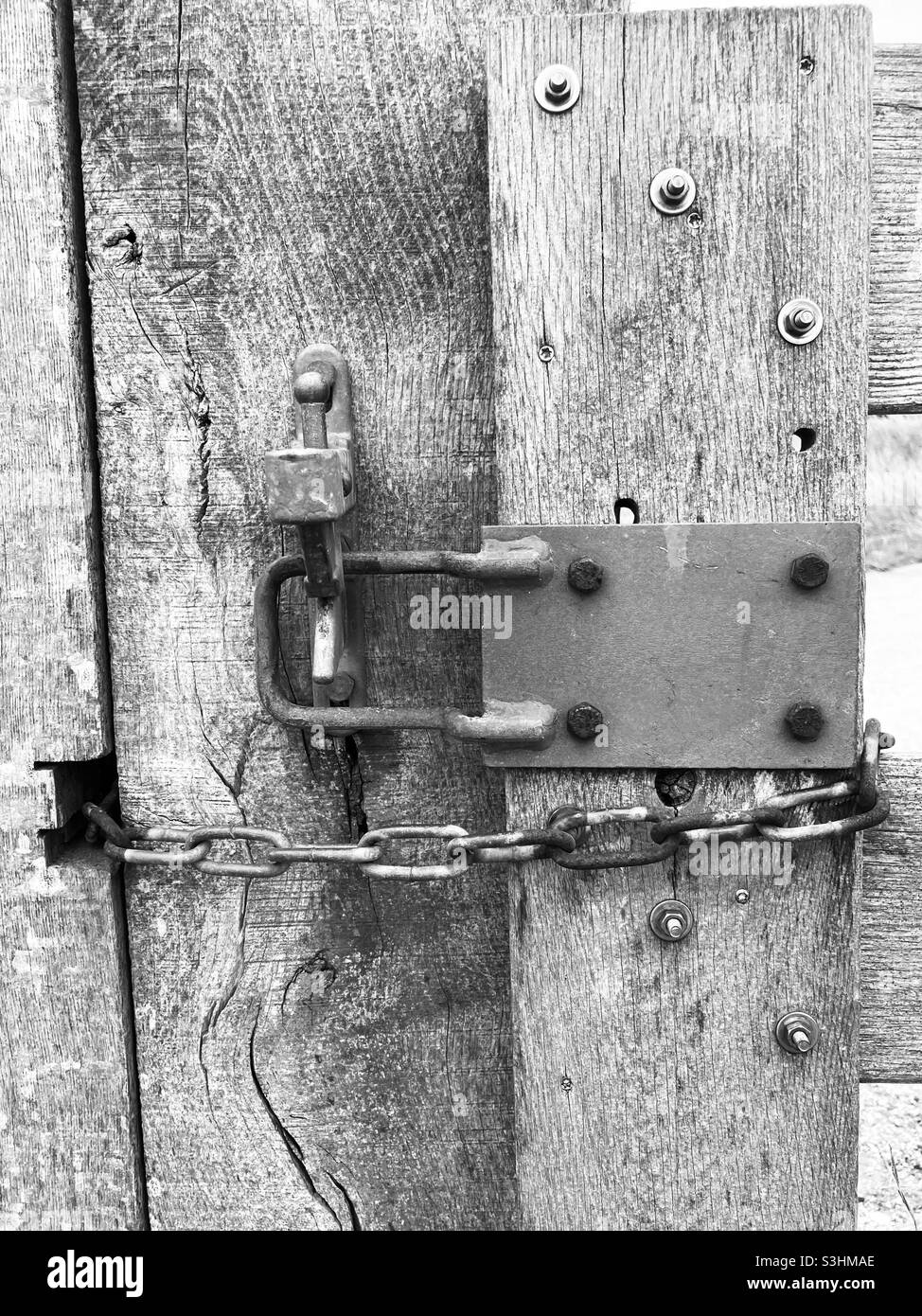 une porte en bois est verrouillée par une serrure et une chaîne Banque D'Images une porte en bois est verrouillée par une serrure et une chaîne Banque D'Images