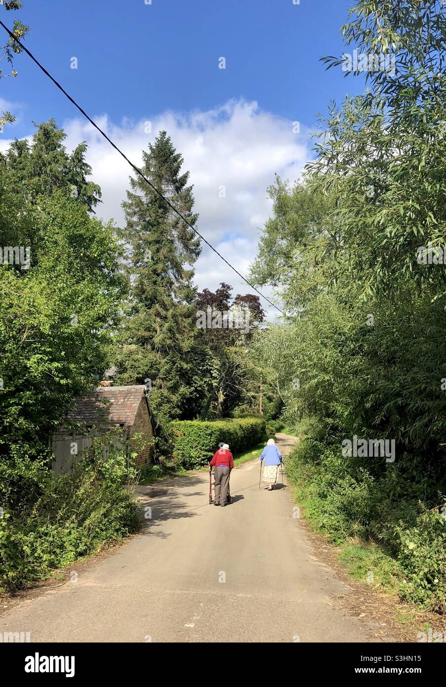 Un couple âgé se promène dans une ruelle de campagne à Oxfordshire, au Royaume-Uni Banque D'Images