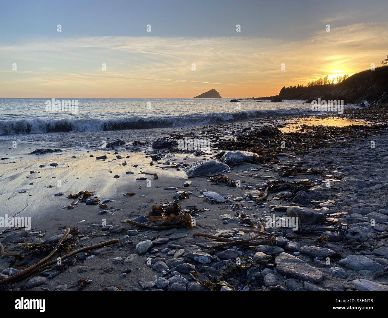 Plage de Wembury avec vue sur la Mewstone Banque D'Images