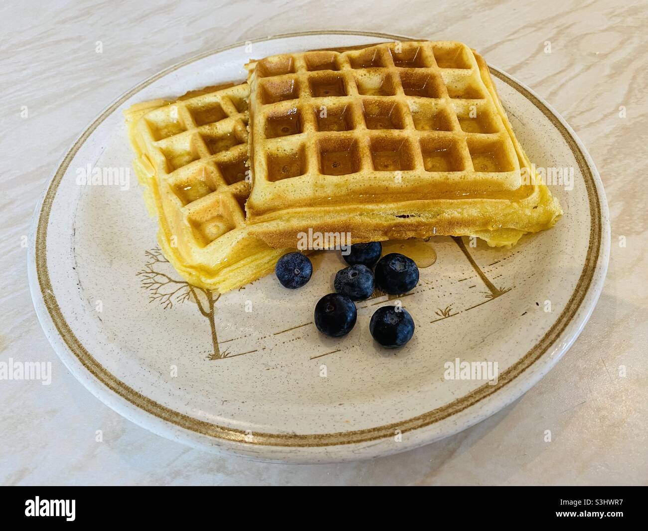 Gaufres avec miel et myrtilles. Recette de Nigella Lawson. Août 2021. Banque D'Images