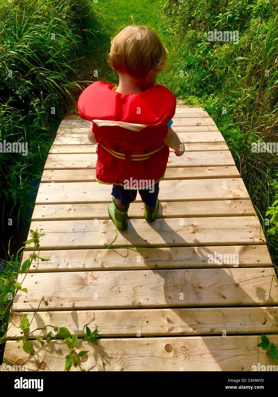 Un tout-petit sur un petit pont de pied portant un gilet de sauvetage approprié dans un espace vert. Décision: À Vas-y ou revenir en arrière. Formez-les tôt entraînez-les correctement. Banque D'Images