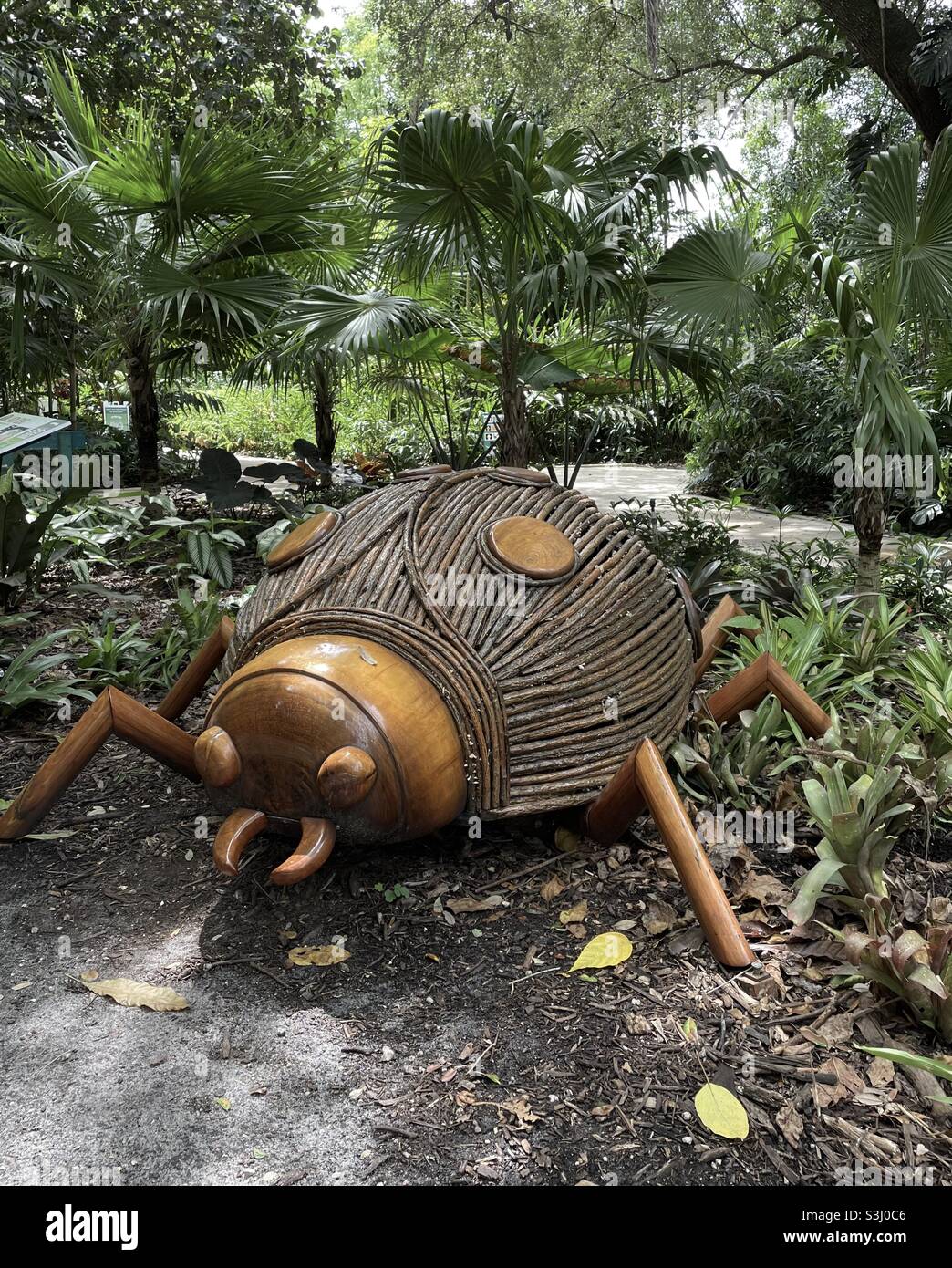 Sculpture en bois coccinelle dans un jardin tropical Banque D'Images
