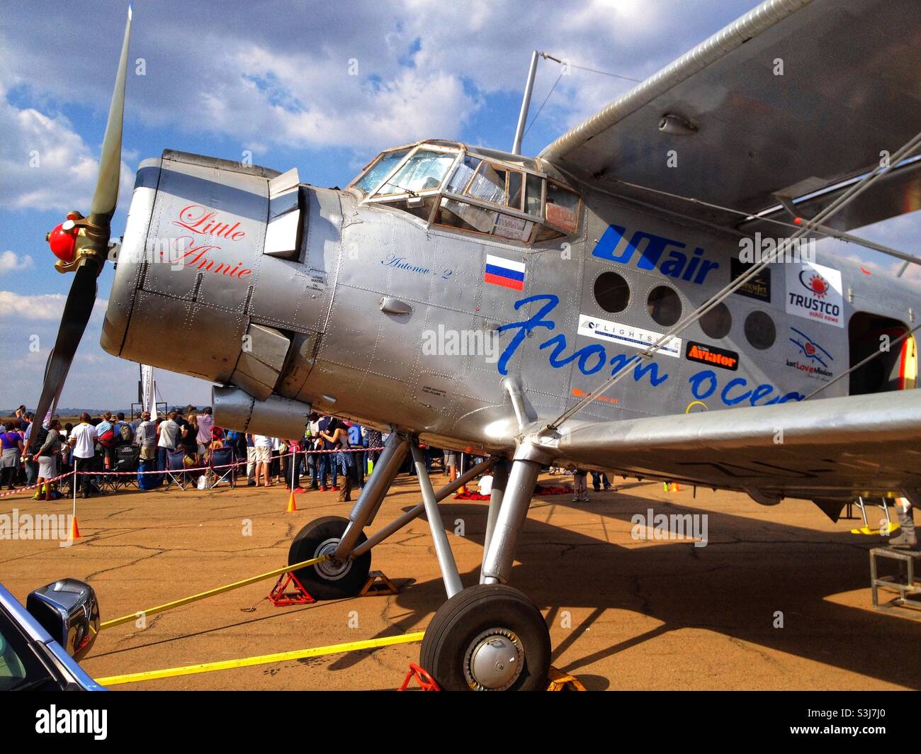 Photo rapprochée d'Antonov an-2 « Little Annie » prise lors du spectacle aérien de Wonderboom en Afrique du Sud en 2016 - Image de stock capturée avec un smartphone