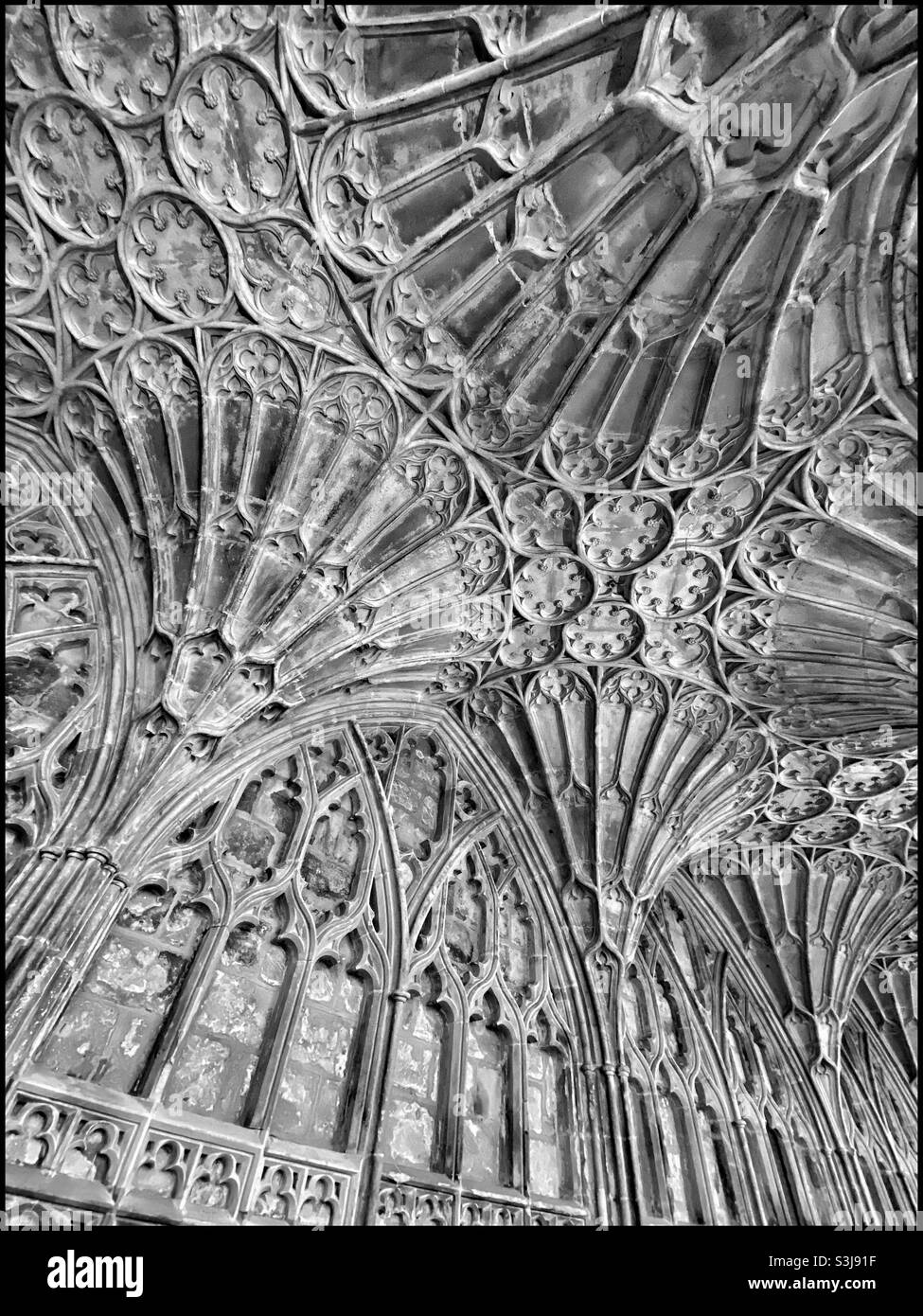 Vue sur le plafond voûté du ventilateur dans le quartier des cloîtres de la cathédrale de Gloucester. Cette zone a été utilisée pour 2 des films de Harry Potter. Photo ©️ COLIN HOSKINS. - Image de stock capturée avec un smartphone