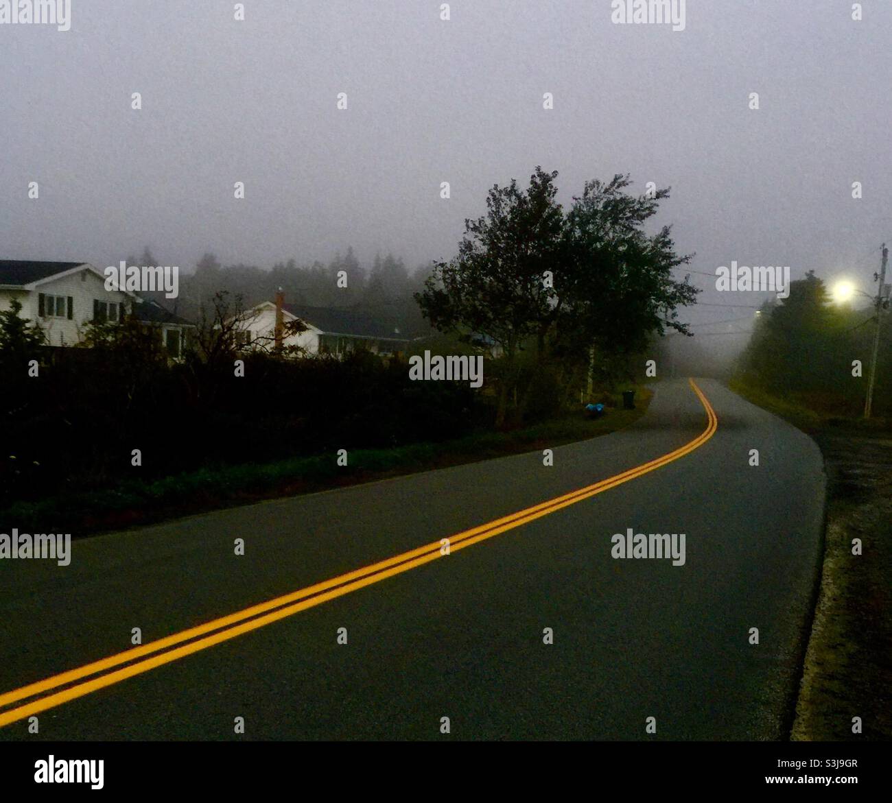 Une route longue, sinueuse, dans le brouillard. Matin du début de l'automne à Halifax, Nouvelle-Écosse, Canada. La ligne de décoloration mène l'œil à un horizon lointain. - Image de stock capturée avec un smartphone