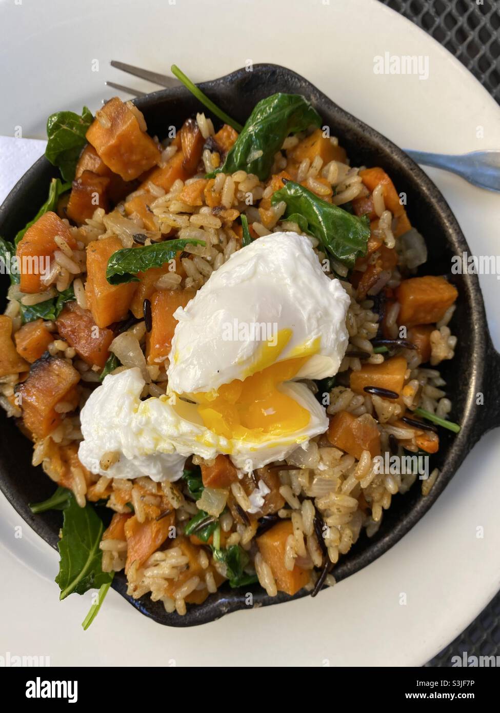 Patate douce, riz sauvage, kale et un œuf poché dans une poêle en fonte individuelle. Banque D'Images