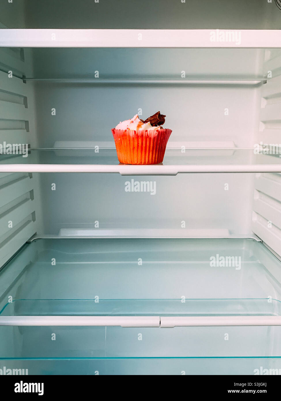 Un cupcake sur une étagère dans un réfrigérateur Banque D'Images