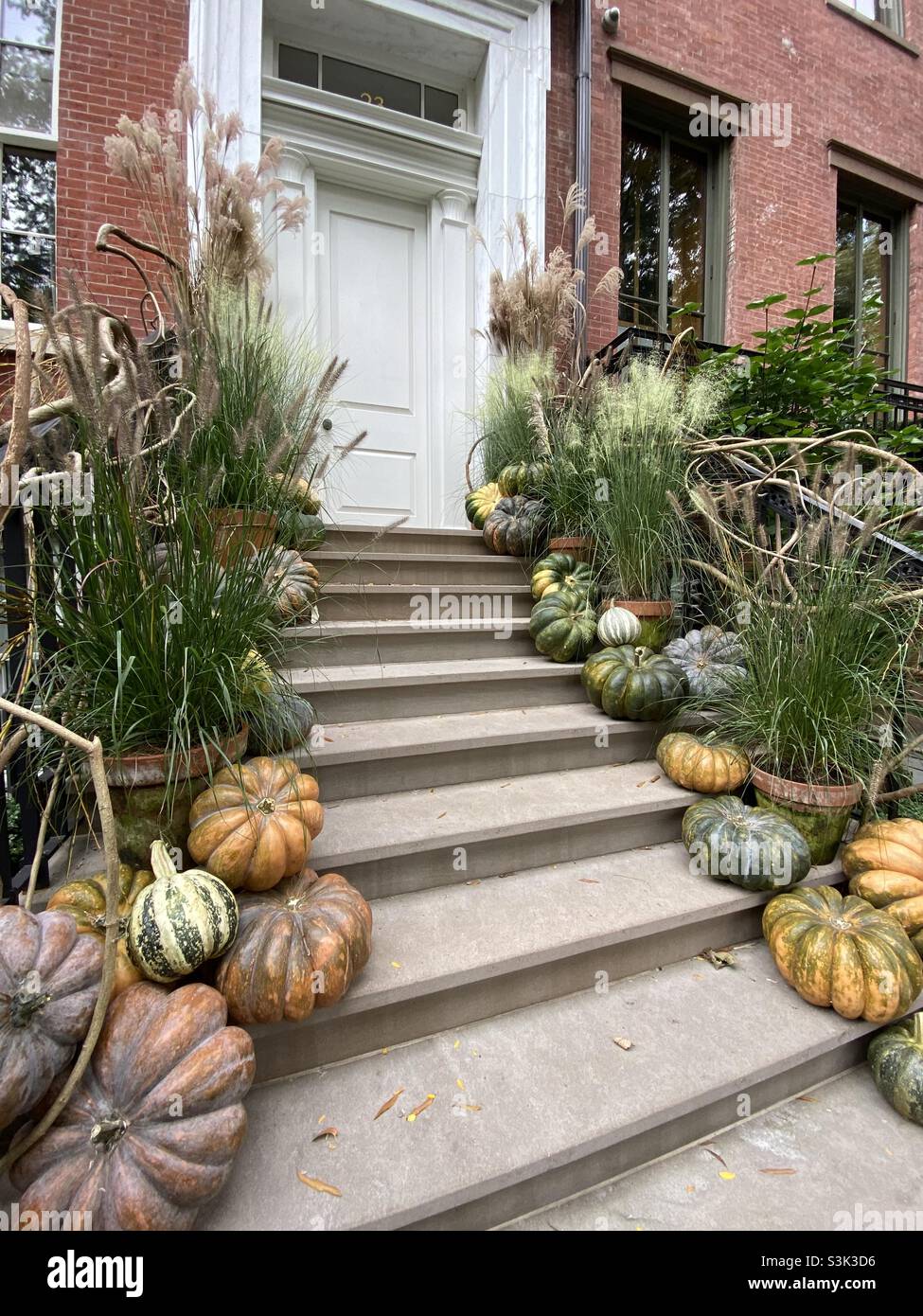 Maison de ville décorée pour Halloween, Gramercy Park, New York. Banque D'Images