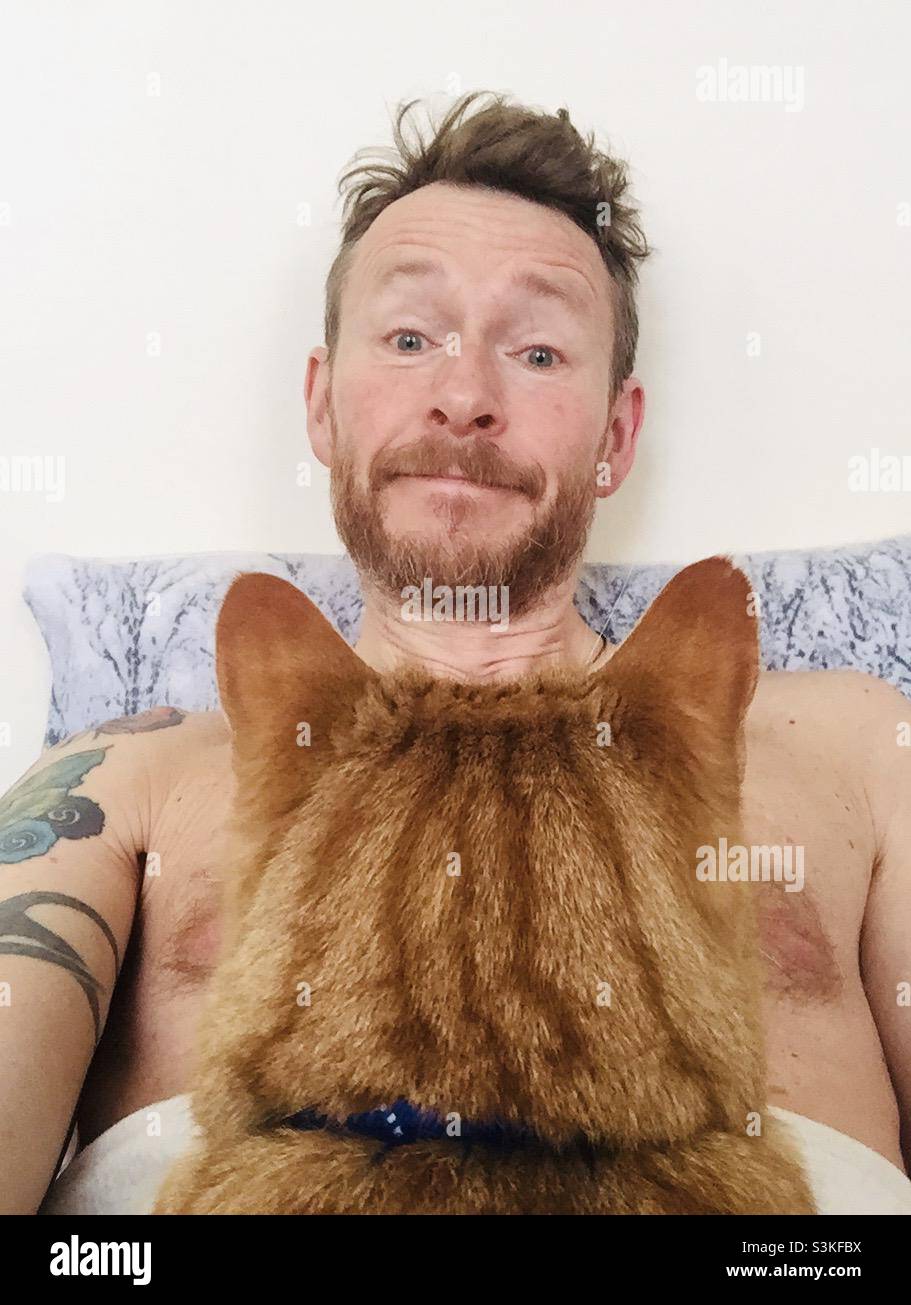 Un chat regarde un homme en regardant de nouveau un chat Banque D'Images