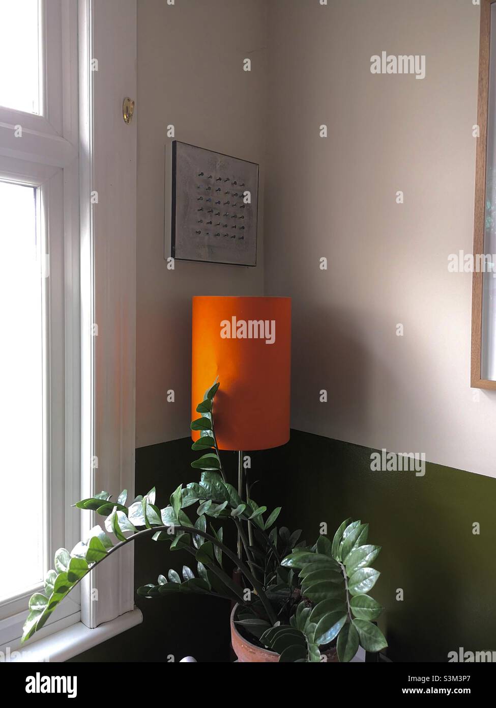 coin design intérieur avec abat-jour orange et plante verte Banque D'Images