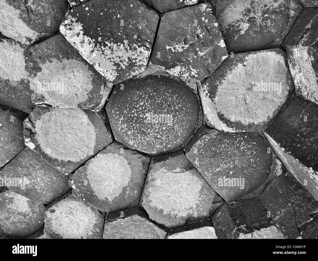 Un exemple classique de colonnes de roche en basalte imbriquées qui se trouvent à la chaussée des géants, un site classé au patrimoine mondial de l'UNESCO.La plupart des formes de roche sont soit des pentagons, soit des hexagons.Photo ©️ COLIN HOSKINS Banque D'Images