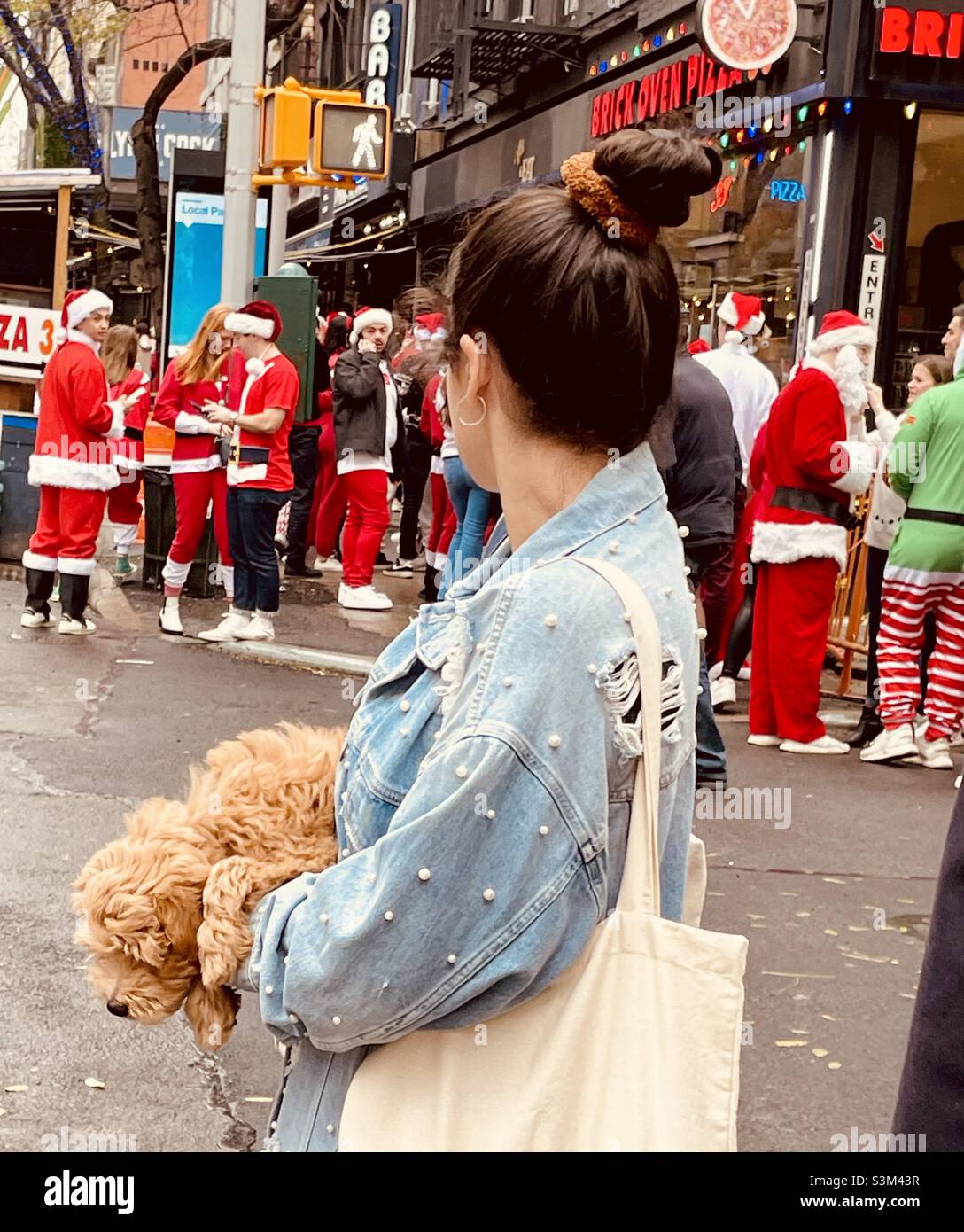 Une femme tenant un joli chien doux regarde des gens vêtus comme le Père Noël à une intersection à New York City pendant SantaCon NYC décembre 2021 Banque D'Images