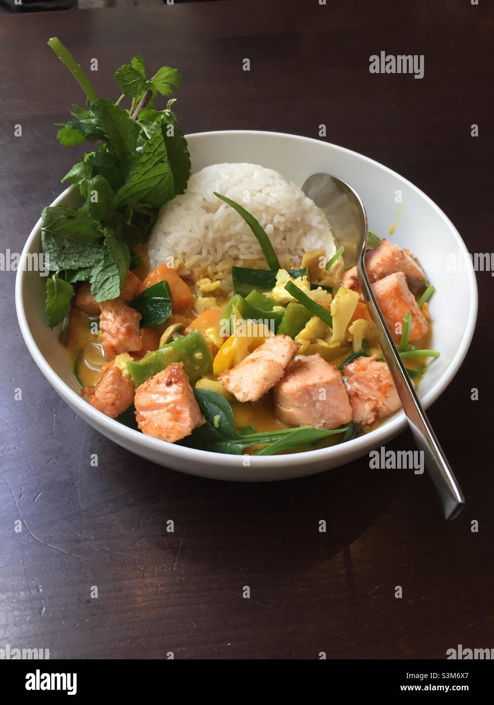 Un repas sain facile à cuire : un curry avec du saumon, des légumes, du riz, des herbes, servi dans un bol blanc avec une cuillère sur fond noir Banque D'Images
