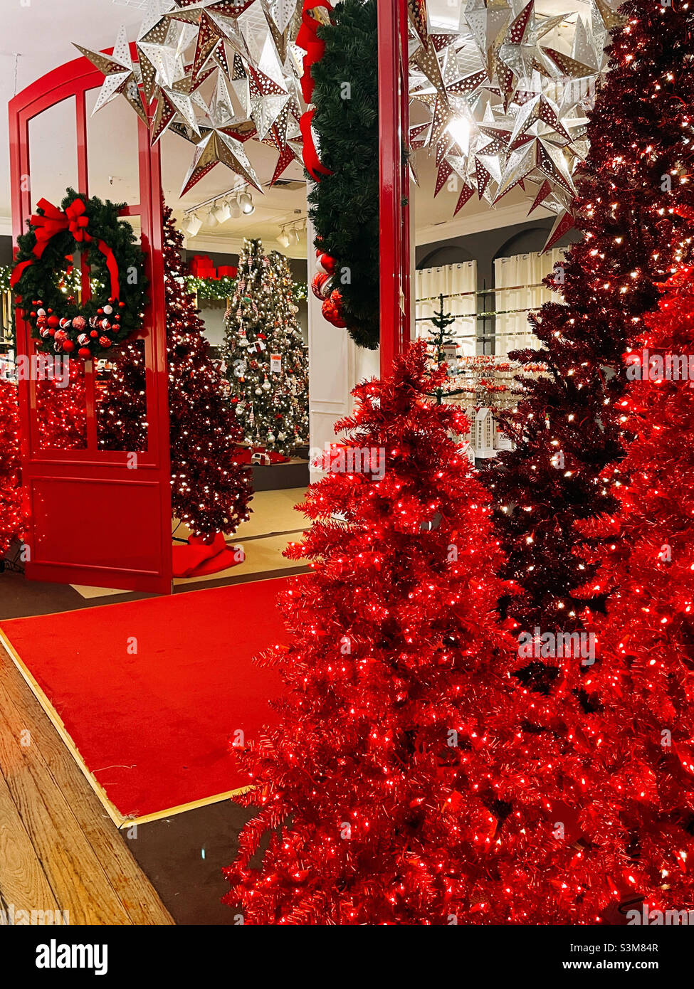 Des arbres de Noël illuminés marquent l'entrée de Macy's Holiday Lane pendant la saison des fêtes à son magasin de bateaux drapeau, 2021, New York City, États-Unis - Image de stock capturée avec un smartphone