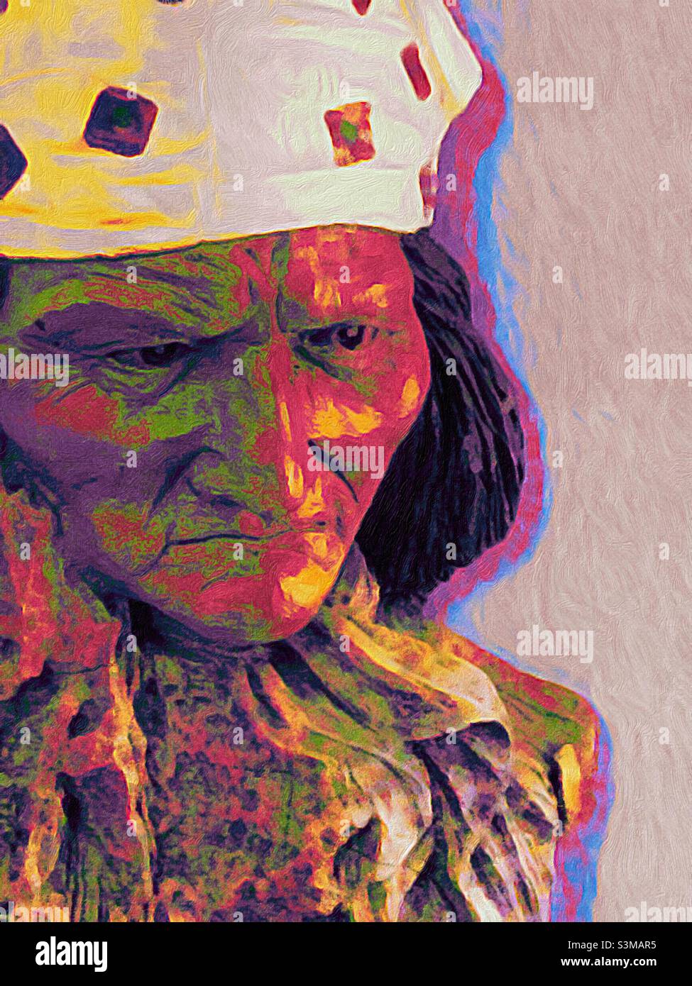 La photographie d'un chef indien sculpté et sculpté, Geronimo, accroché à un mur comme décor de maison, a été transformée en une illustration graphique colorée. Banque D'Images
