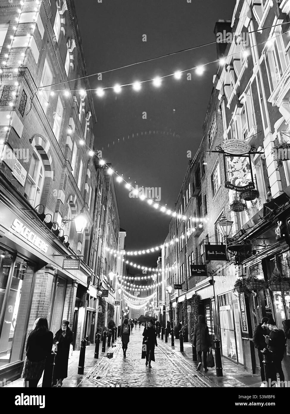 Covent Garden lumières de Noël noir et blanc Banque D'Images