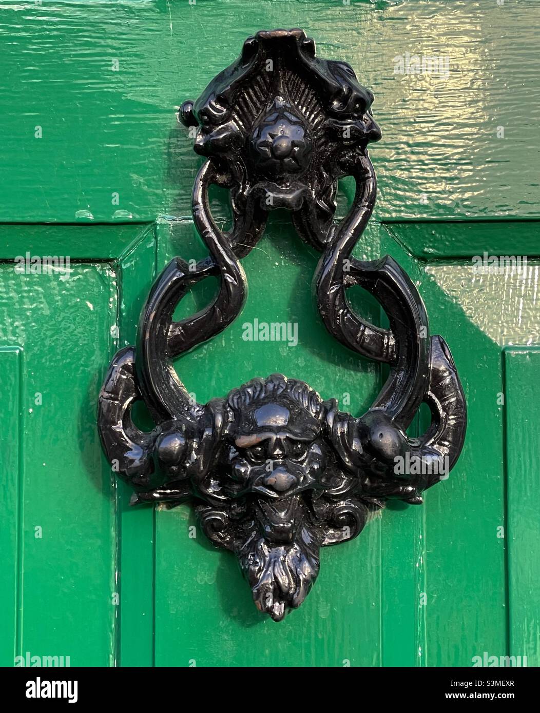 Une porte d'ouverture avec masques de lion sur une porte avant vert brillant Banque D'Images