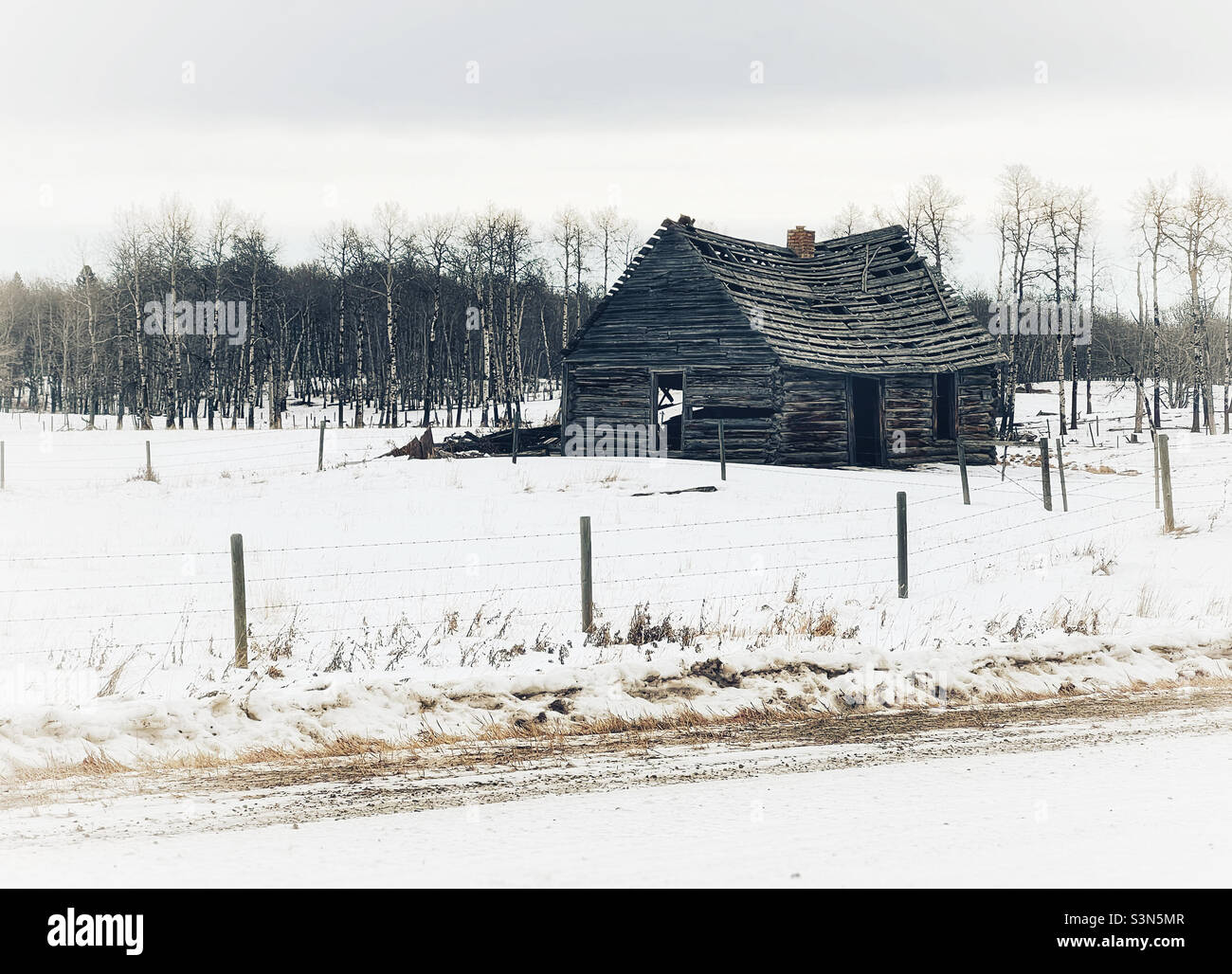 Ancienne grange abandonnée dans un champ enneigé en hiver.Alberta, Canada. Banque D'Images