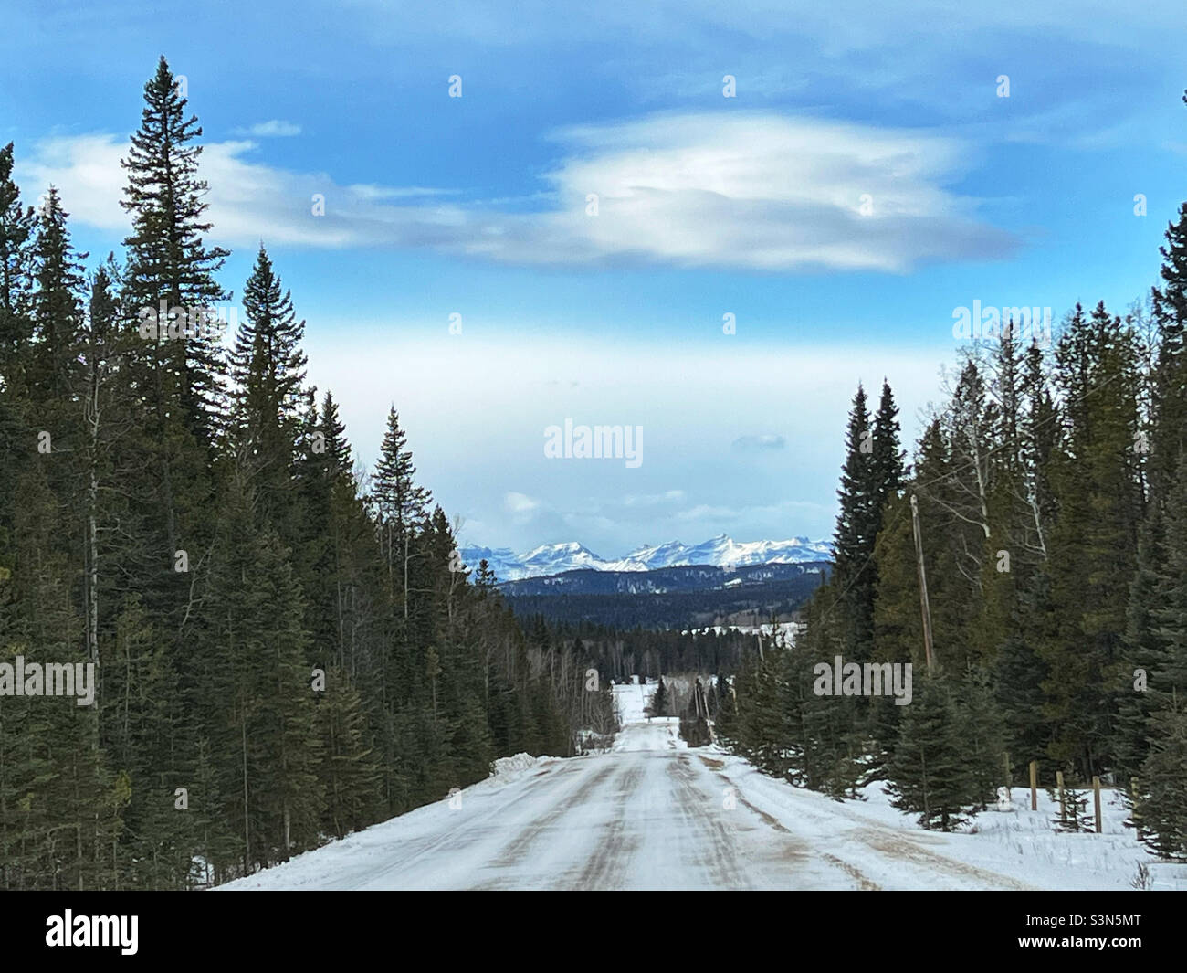 Une longue route enneigée bordée d'arbres menant aux montagnes Rocheuses canadiennes.Alberta Foothills, Canada. Banque D'Images