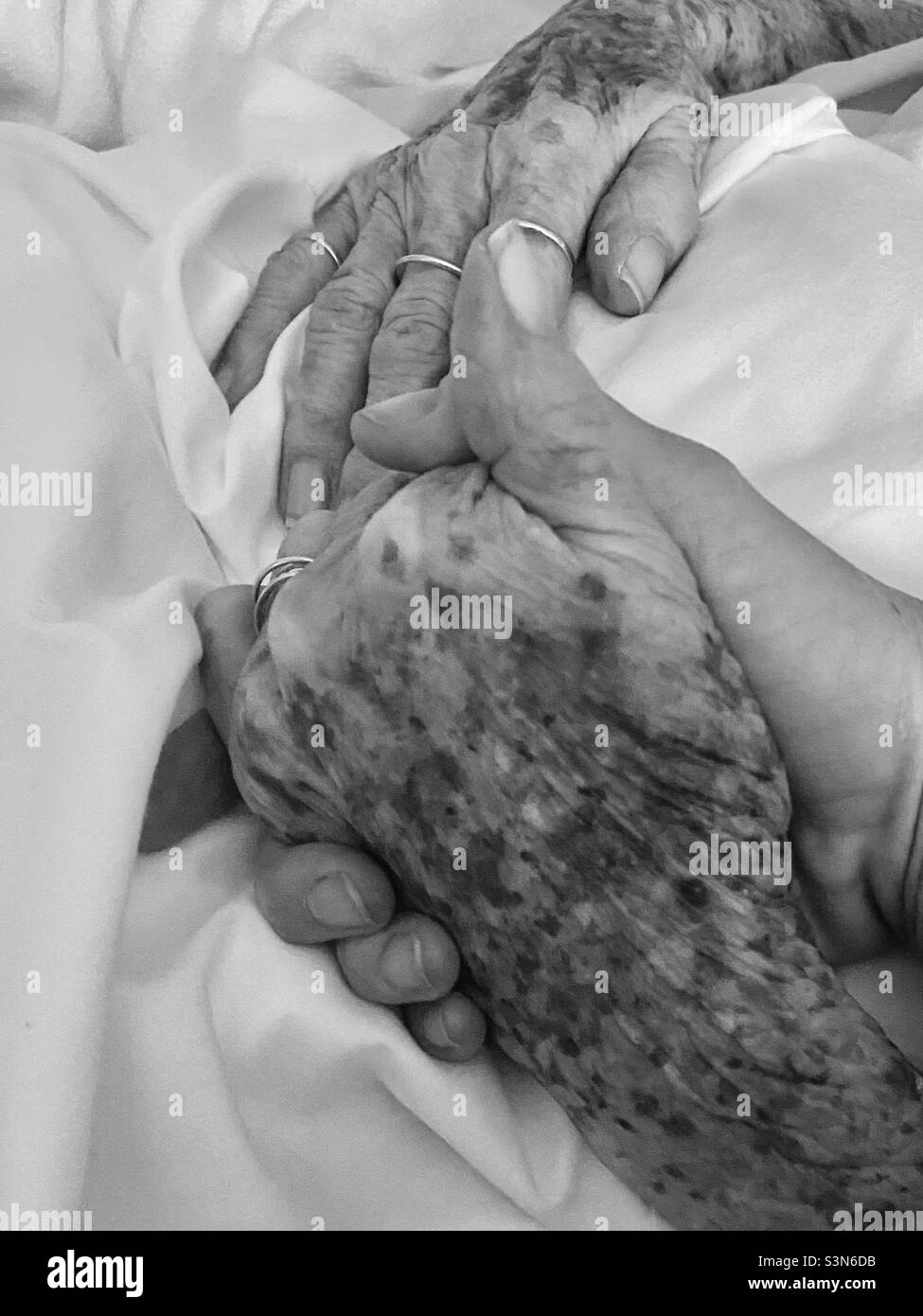 Tenir la main de la grand-mère dans le lit d'hôpital sous soins palliatifs Banque D'Images
